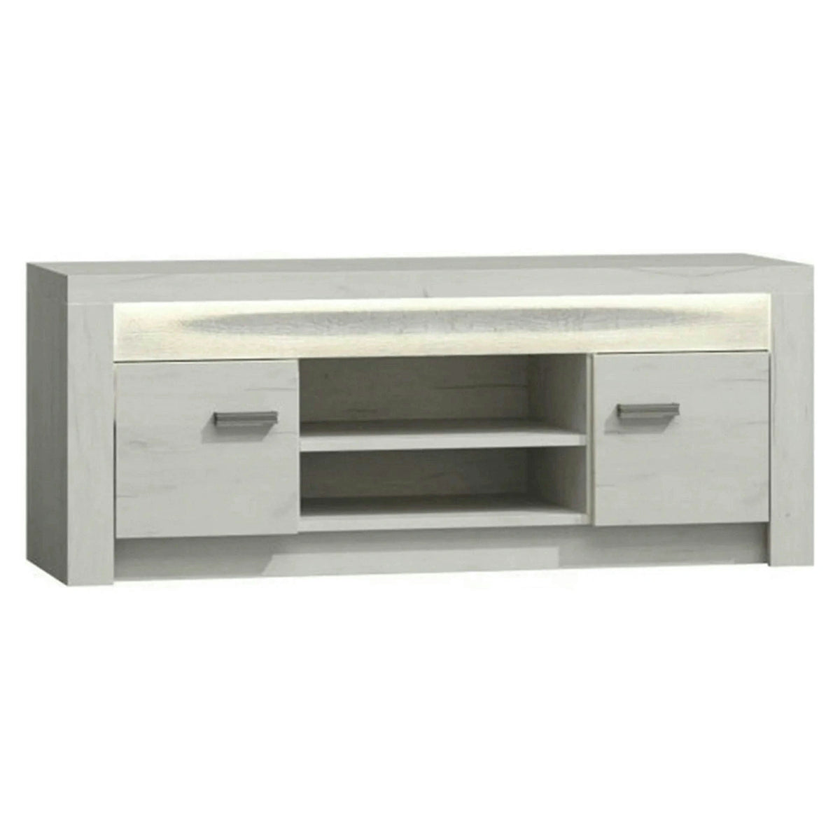 Comoda TV INFINITY I-09, frasin alb, PAL melaminat, cu iluminare LED, 137x42x53 cm