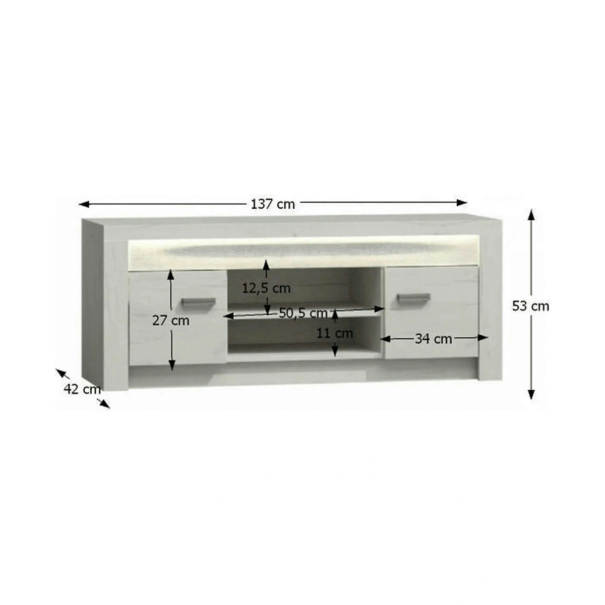 Comoda TV INFINITY I-09, frasin alb, PAL melaminat, cu iluminare LED, 137x42x53 cm