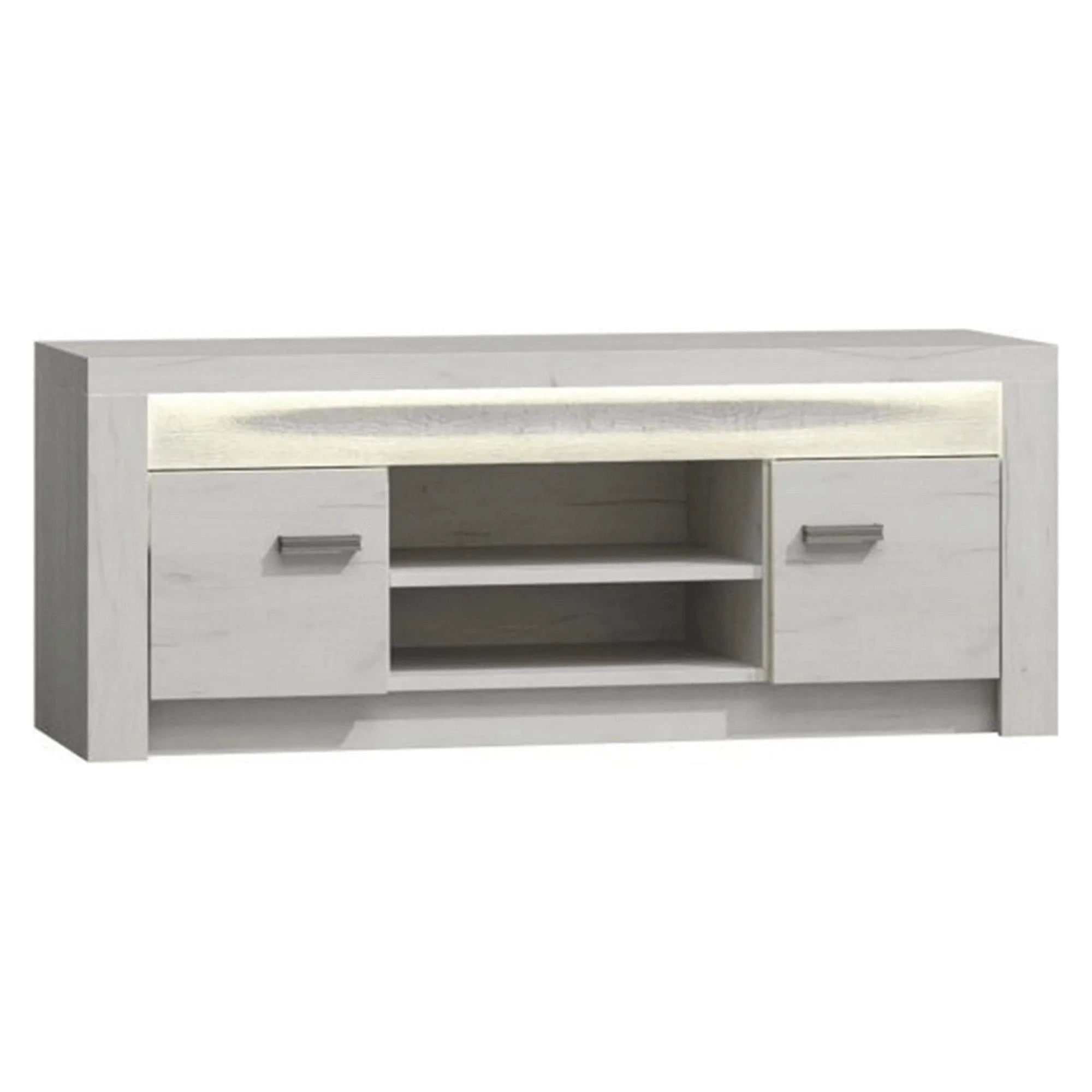 Comoda TV INFINITY I-09, frasin alb, PAL melaminat, cu iluminare LED, 137x42x53 cm