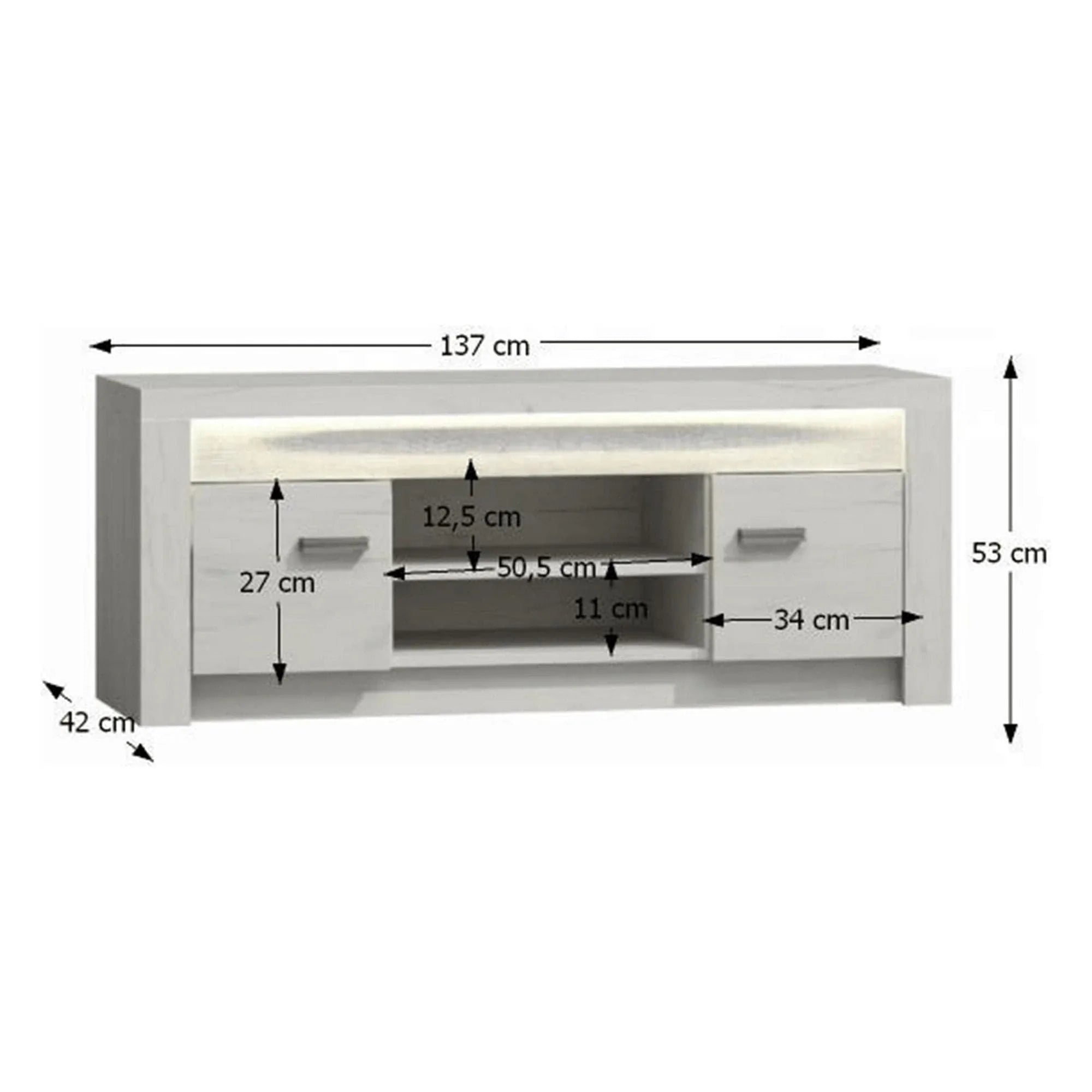 Comoda TV INFINITY I-09, frasin alb, PAL melaminat, cu iluminare LED, 137x42x53 cm