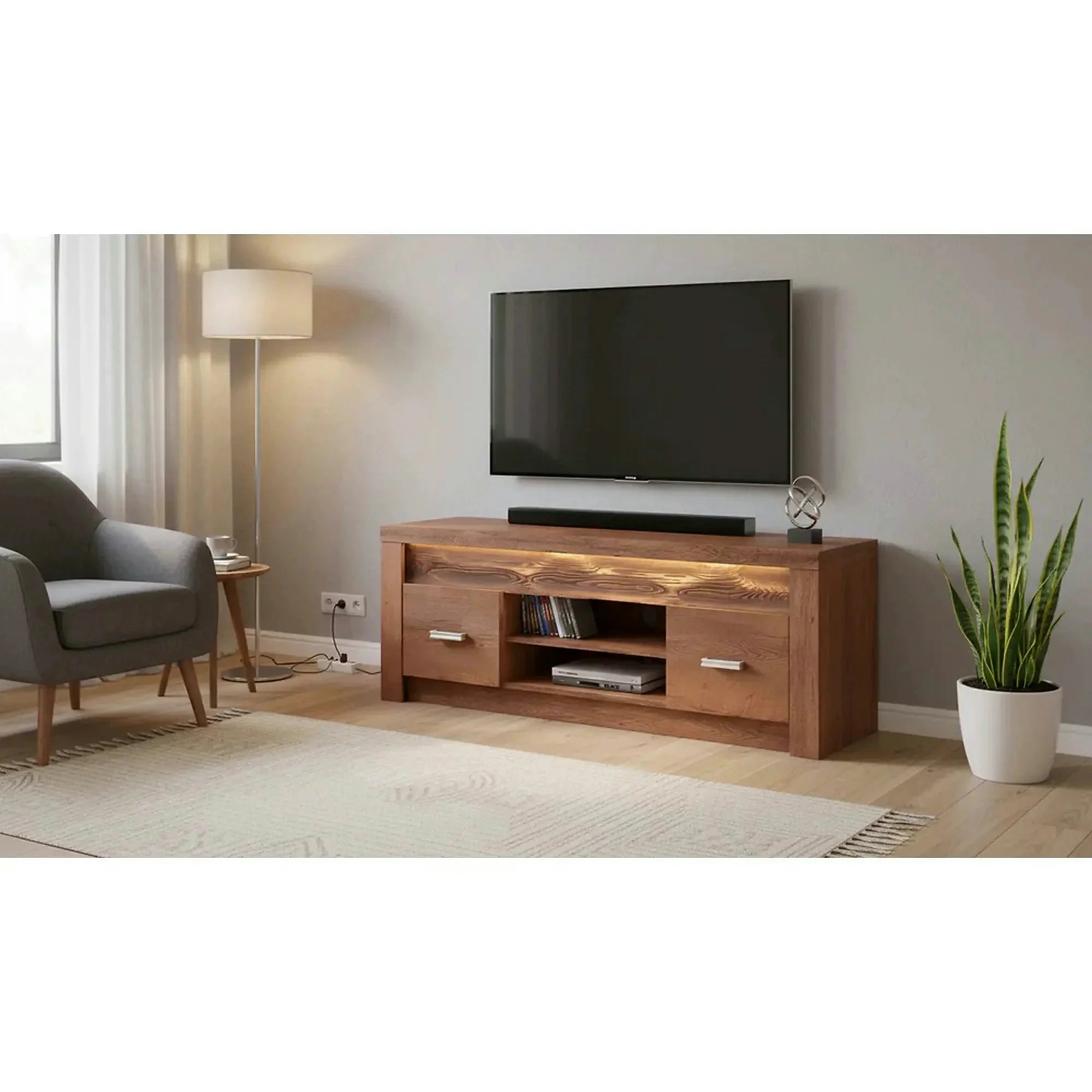 Comoda TV INFINITY I-09, frasin deschis, PAL melaminat/metal, cu iluminare LED, 137x42x53 cm