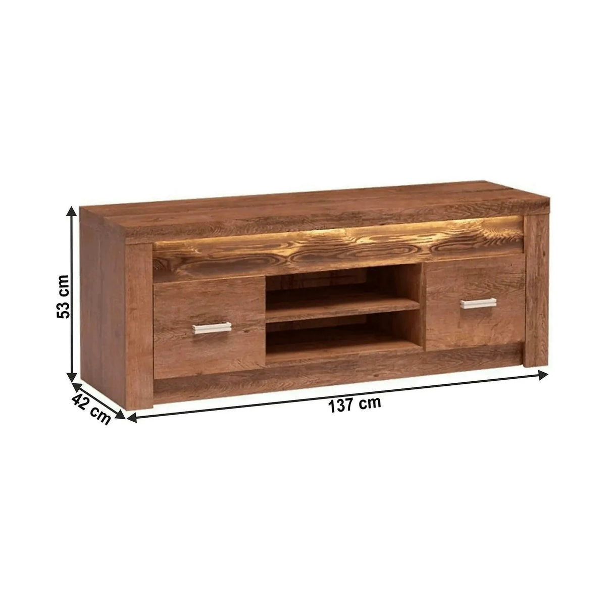 Comoda TV INFINITY I-09, frasin deschis, PAL melaminat/metal, cu iluminare LED, 137x42x53 cm