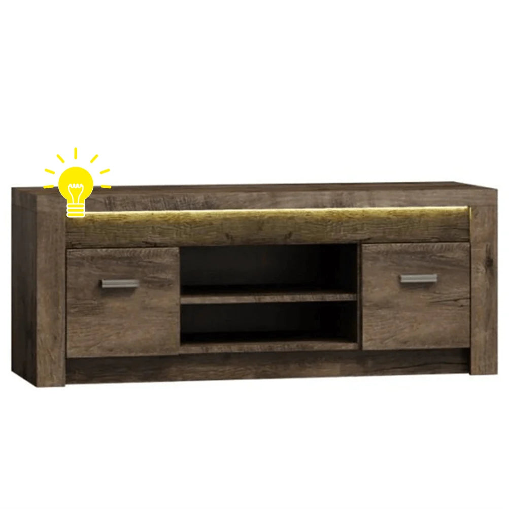 Comoda TV INFINITY I-09, frasin deschis, PAL melaminat/metal, cu iluminare LED, 137x42x53 cm