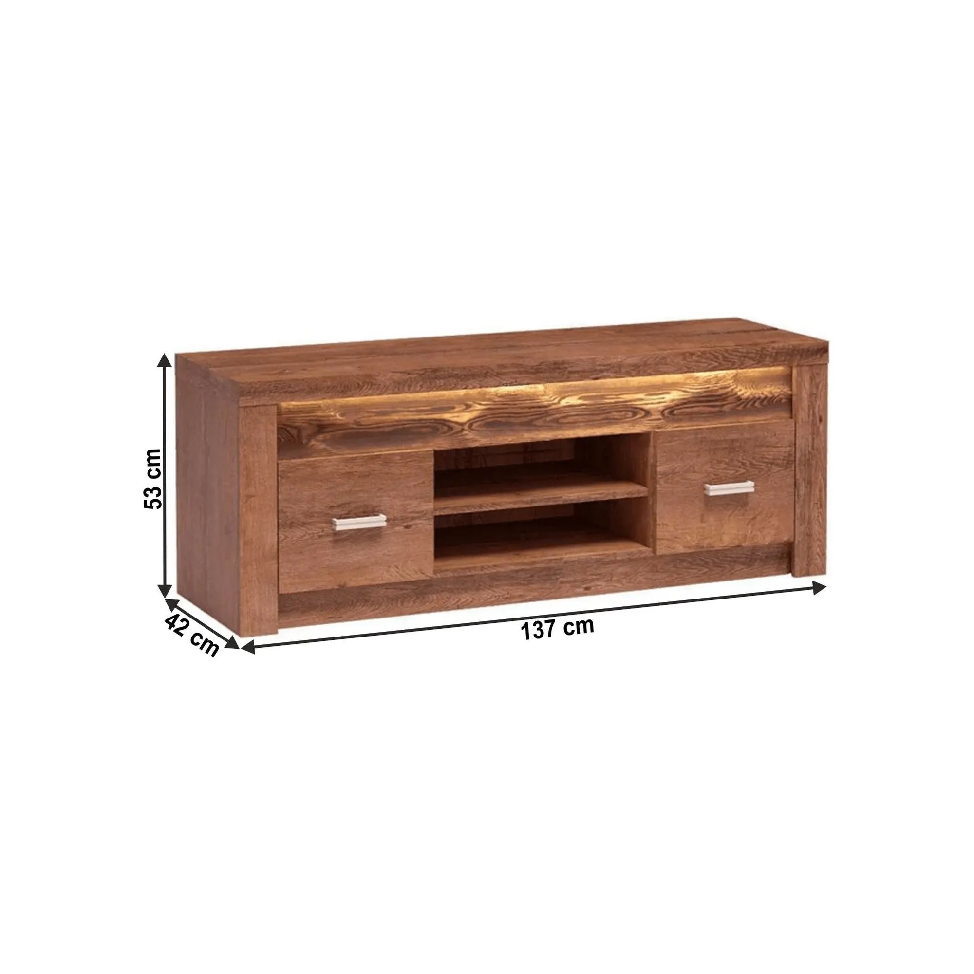 Comoda TV INFINITY I-09, frasin deschis, PAL melaminat/metal, cu iluminare LED, 137x42x53 cm