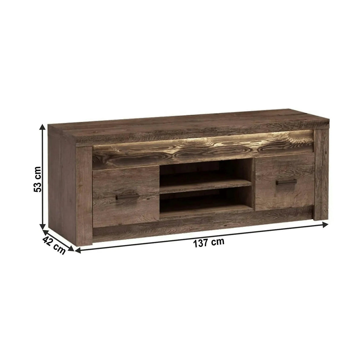 Comoda TV INFINITY I-09, frasin inchis, PAL melaminat/metal, cu iluminare LED, 137x42x53 cm