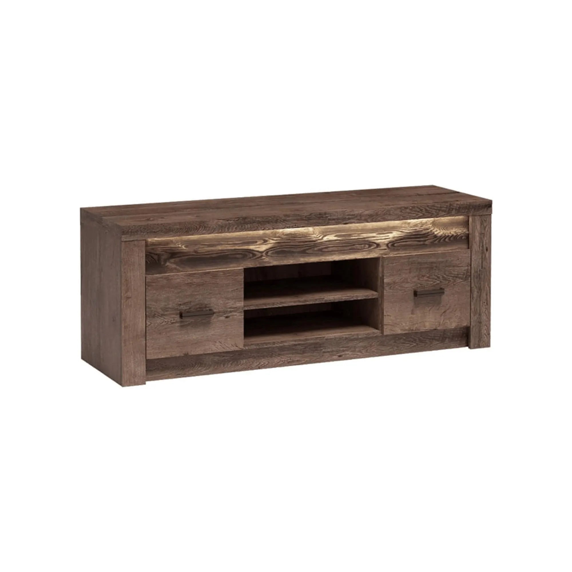 Comoda TV INFINITY I-09, frasin inchis, PAL melaminat/metal, cu iluminare LED, 137x42x53 cm