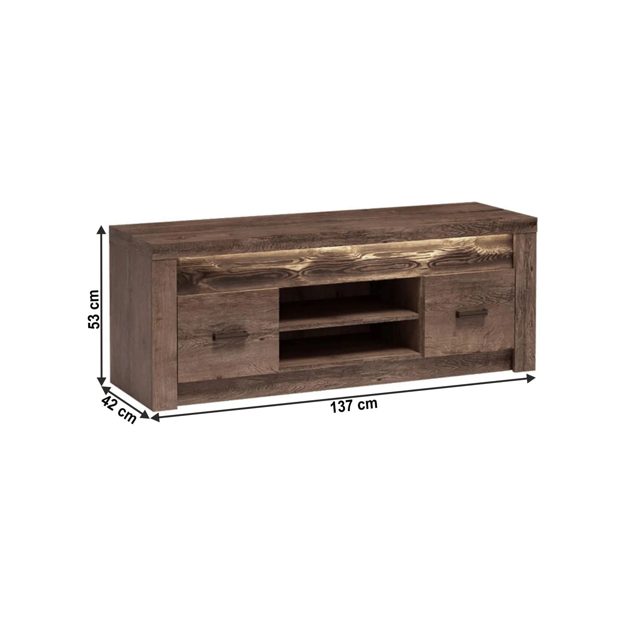 Comoda TV INFINITY I-09, frasin inchis, PAL melaminat/metal, cu iluminare LED, 137x42x53 cm