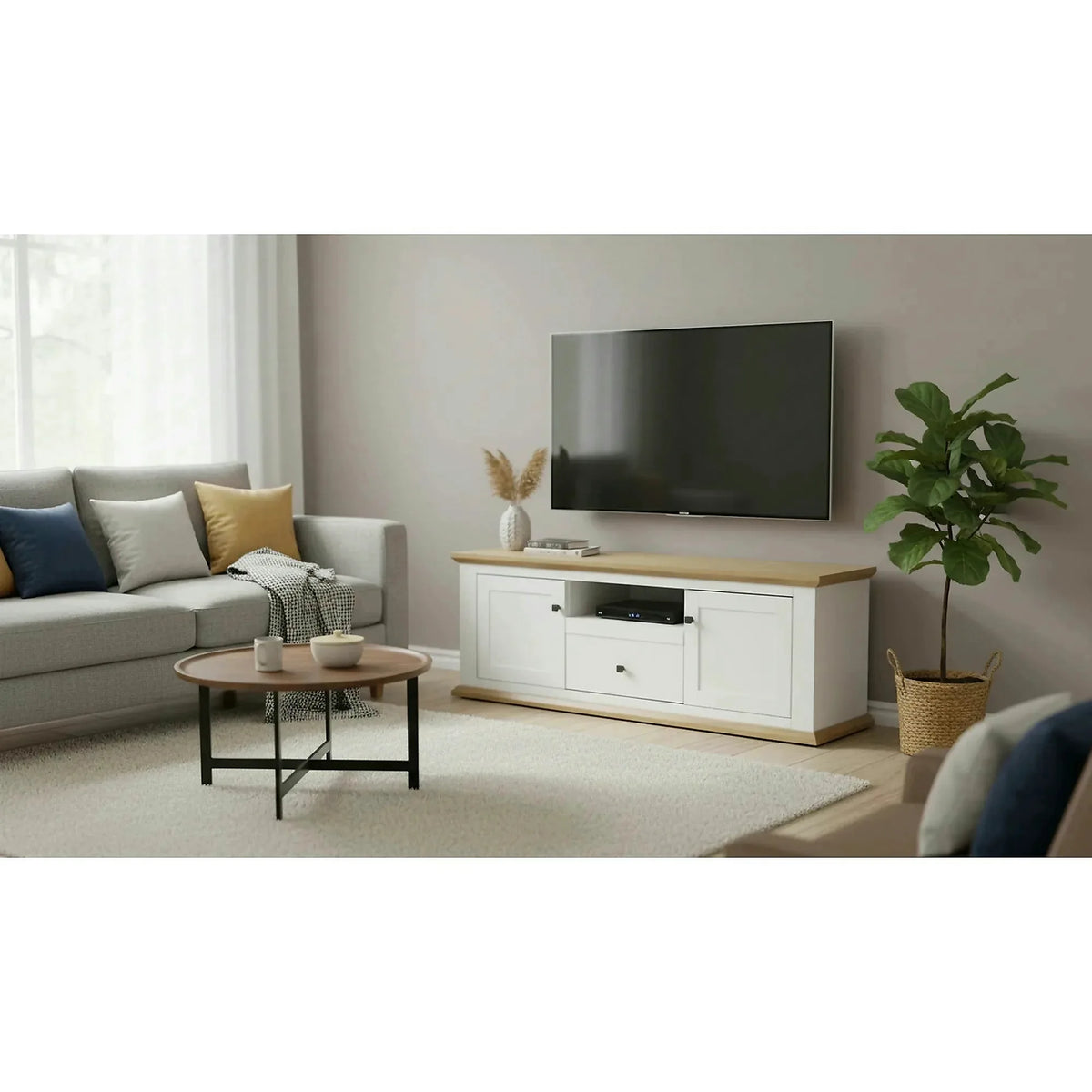 Comoda TV LEON MZ15, alb/stejar grand, DTD laminat, 150x45x55 cm