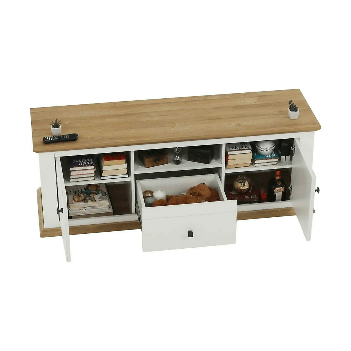 Comoda TV LEON MZ15, alb/stejar grand, DTD laminat, 150x45x55 cm