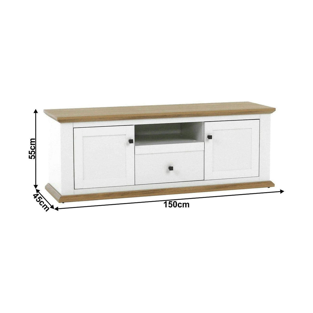 Comoda TV LEON MZ15, alb/stejar grand, DTD laminat, 150x45x55 cm