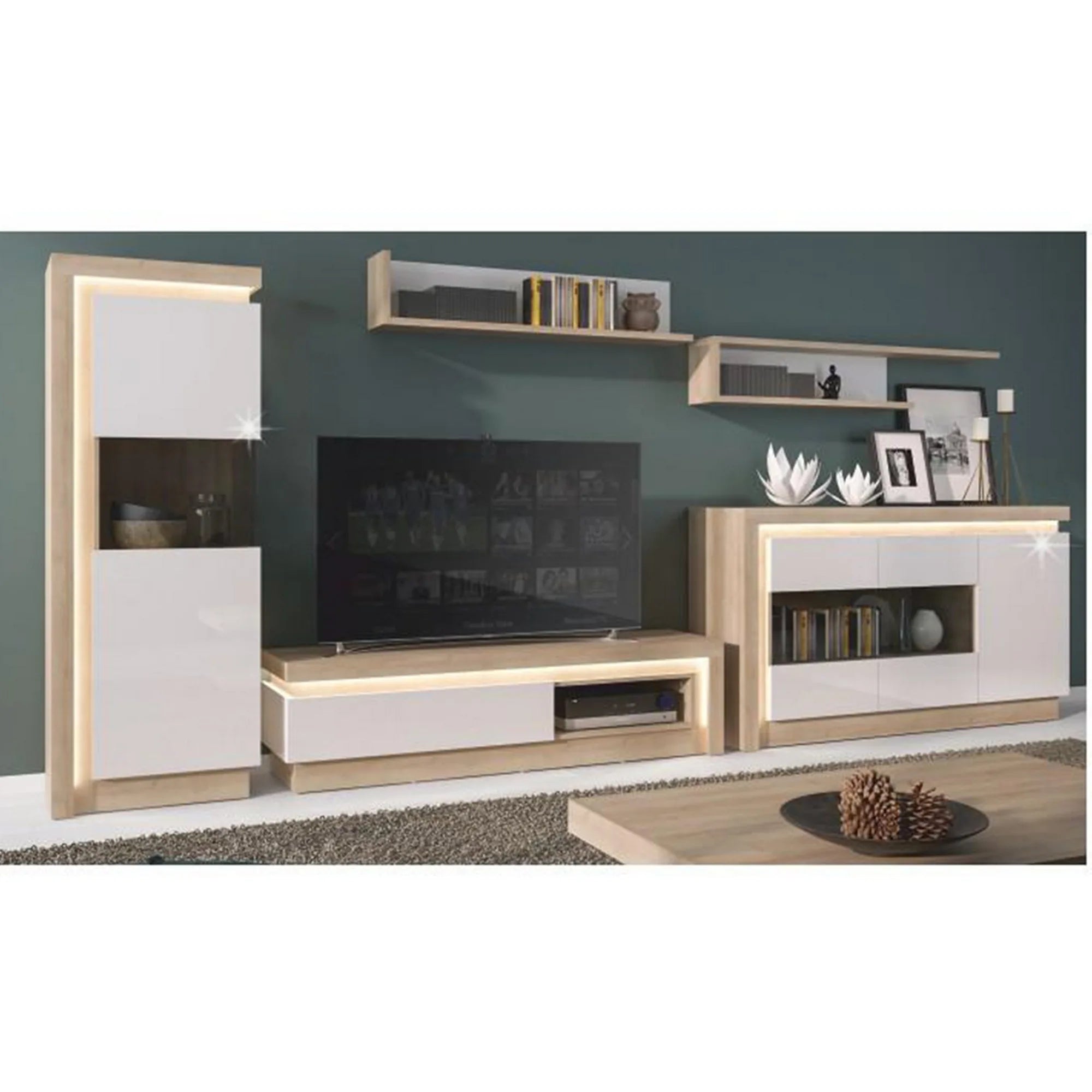 Comoda TV LEONARDO 02, PAL, stejar riviera/alb lucios, 130x42x42 cm