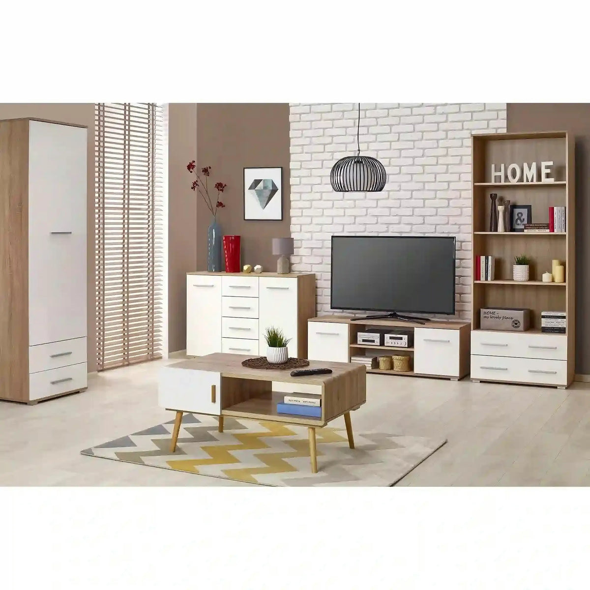 Comoda TV LIMA, alb/stejar sonoma, PAL laminat, 137x40x44 cm