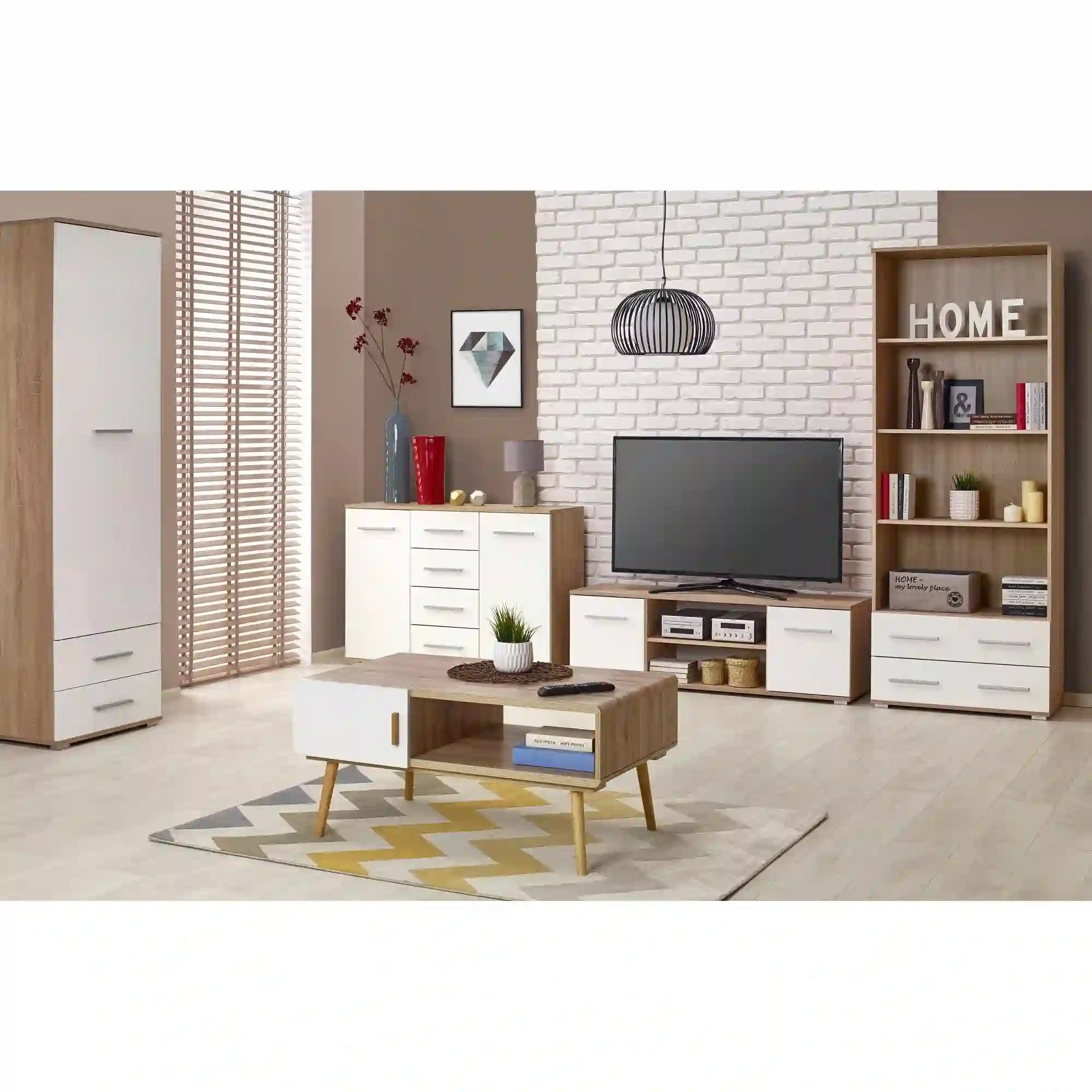 Comoda TV LIMA, alb/stejar sonoma, PAL laminat, 137x40x44 cm