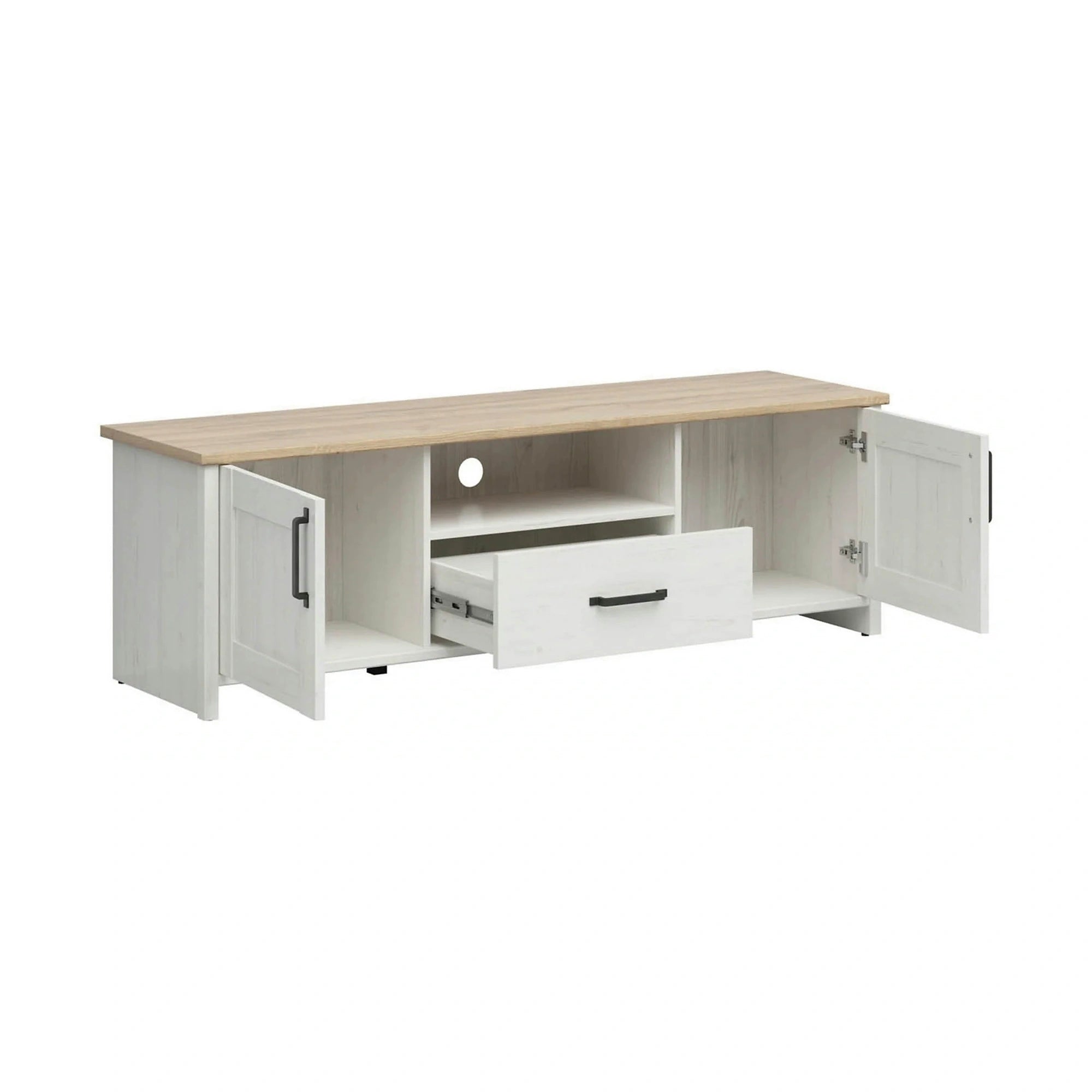 Comoda TV LOKSA, alb/stejar, PAL laminat, 160x44x51 cm