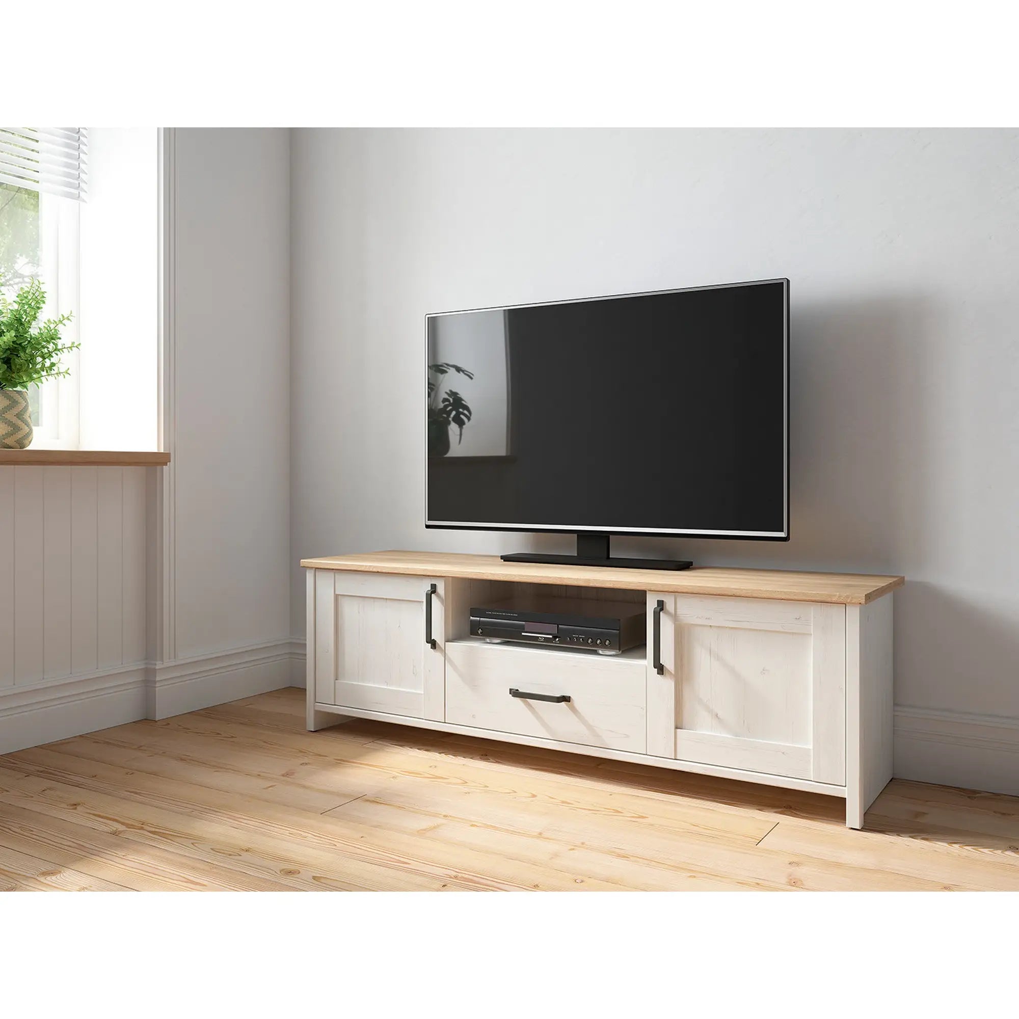 Comoda TV LOKSA, alb/stejar, PAL laminat, 160x44x51 cm