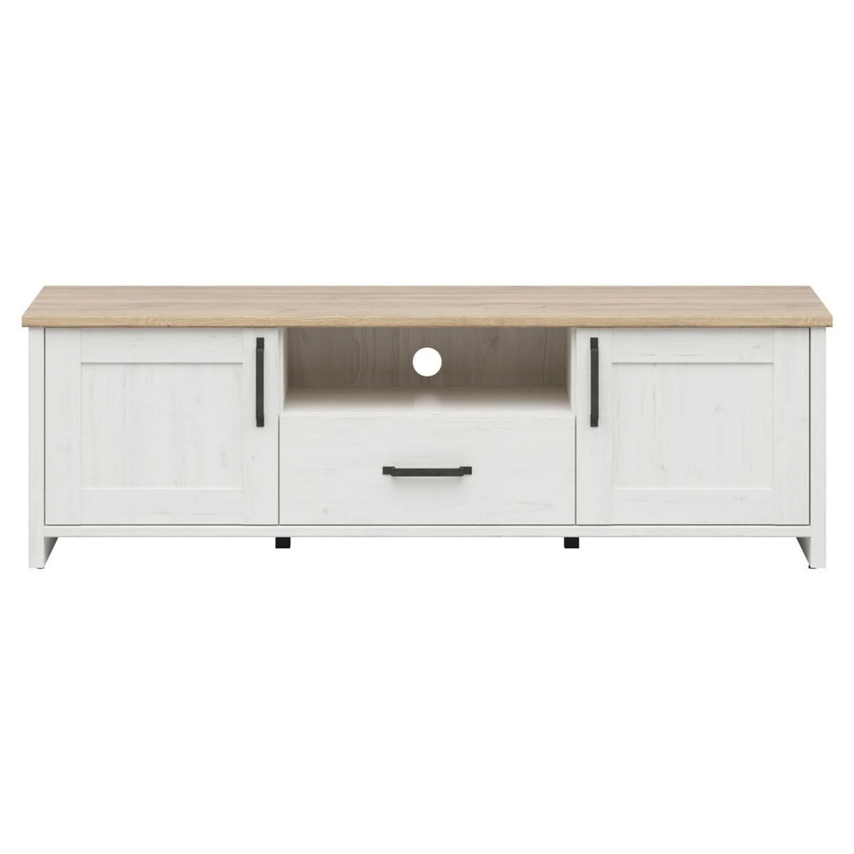 Comoda TV LOKSA, alb/stejar, PAL laminat, 160x44x51 cm