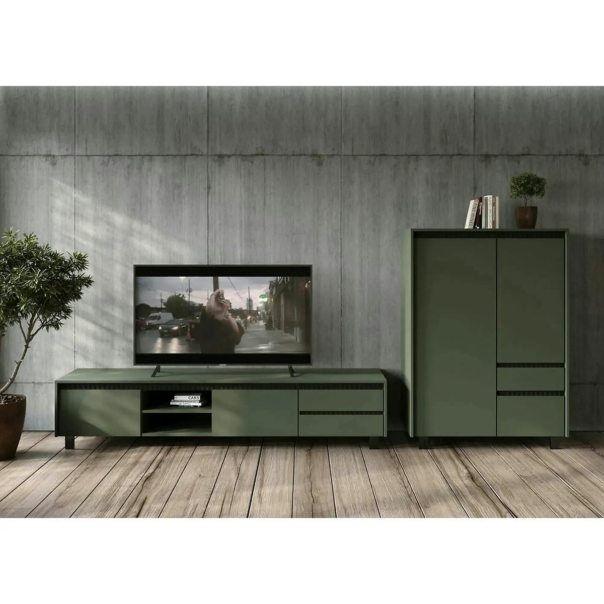 Comoda TV LOUNGE 2, verde/negru, PAL, 206x45x54 cm