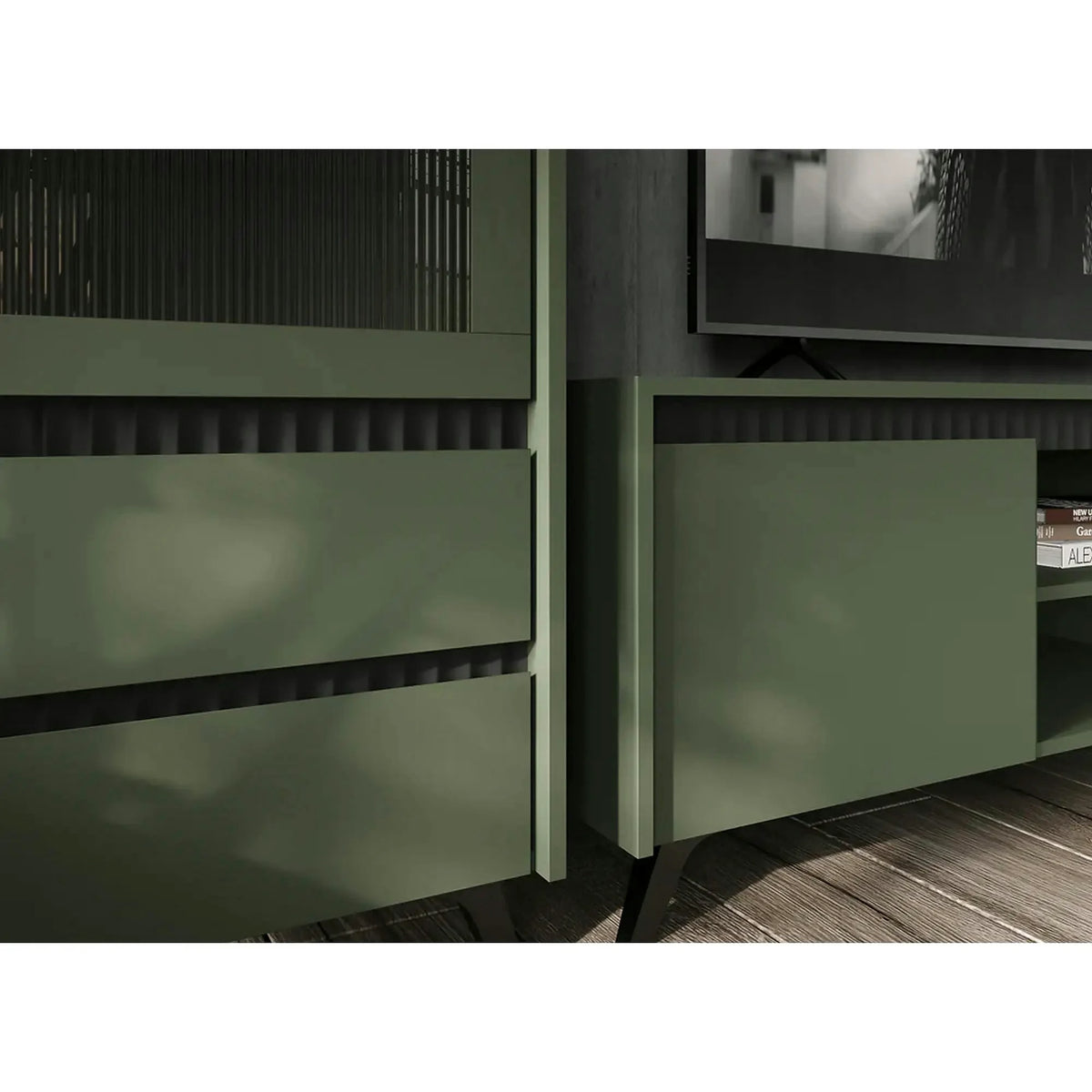 Comoda TV LOUNGE 2, verde/negru, PAL, 206x45x54 cm