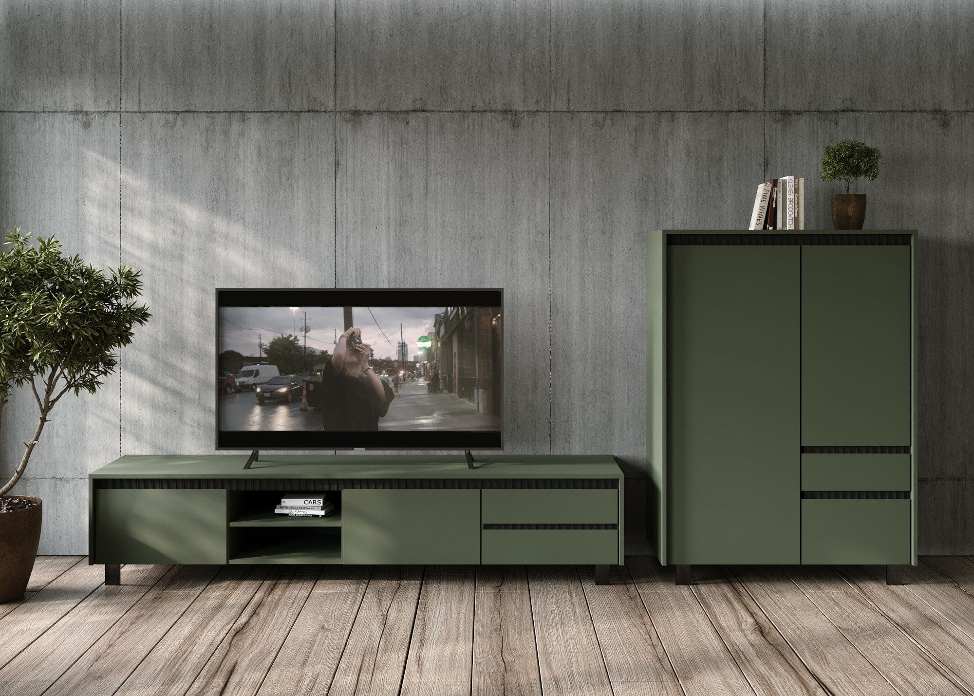 Comoda TV LOUNGE 2, verde/negru, PAL, 206x45x54 cm