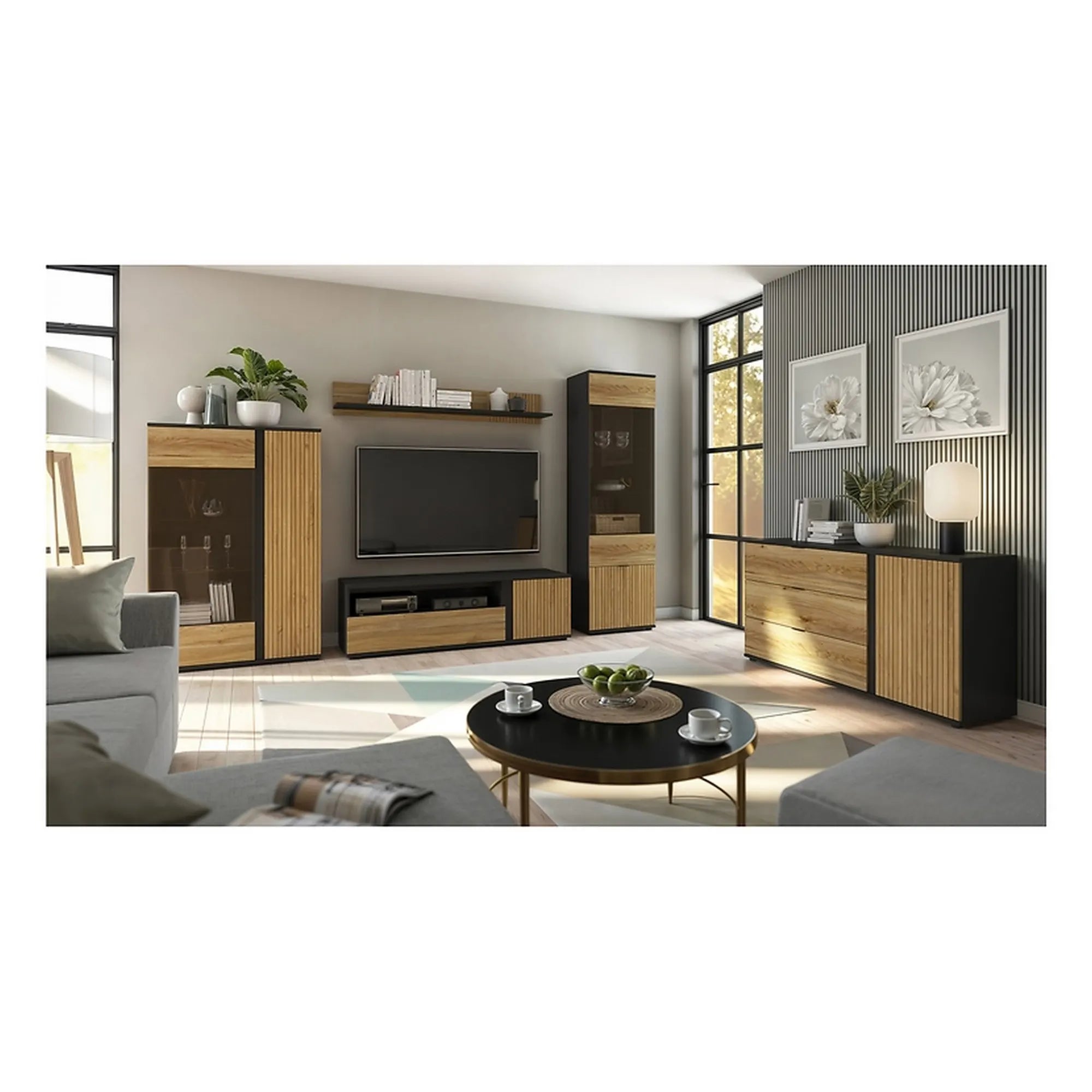 Comoda TV LUEN, stejar/negru, PAL laminat, 155x46x47 cm