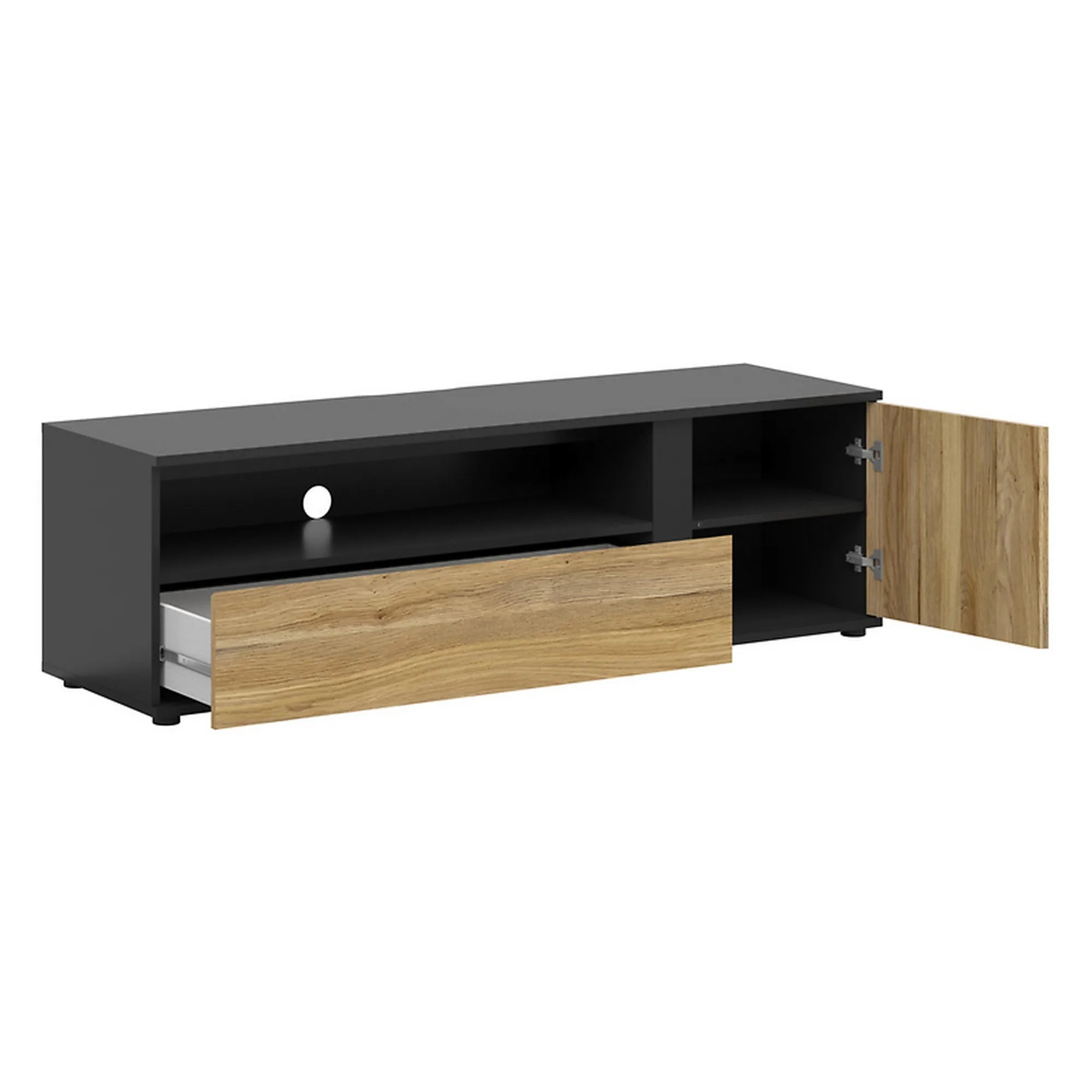 Comoda TV LUEN, stejar/negru, PAL laminat, 155x46x47 cm