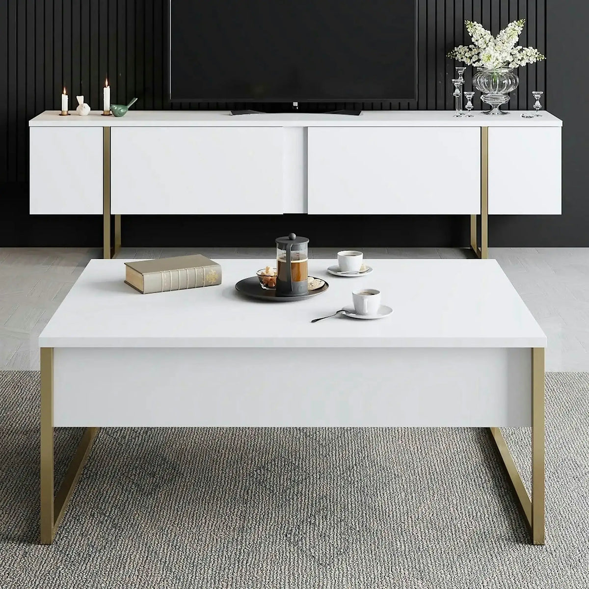 Comoda TV Luxe, alb/auriu, PAL/metal, 180x30x50 cm