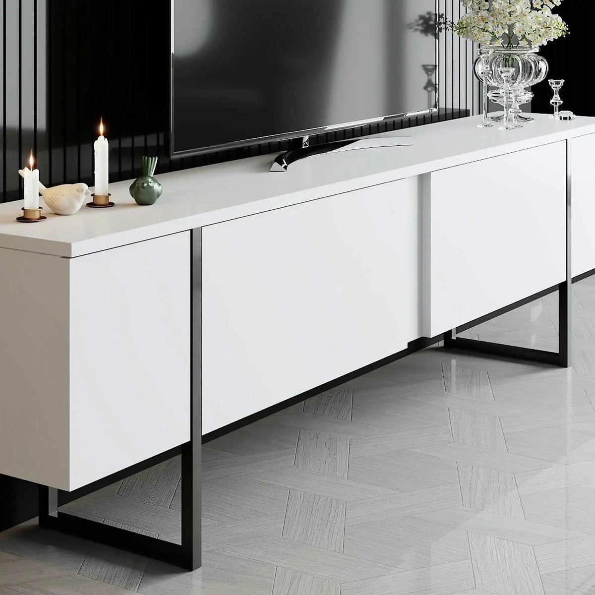 Comoda TV Luxe, alb/negru, PAL/metal, 180x30x50 cm