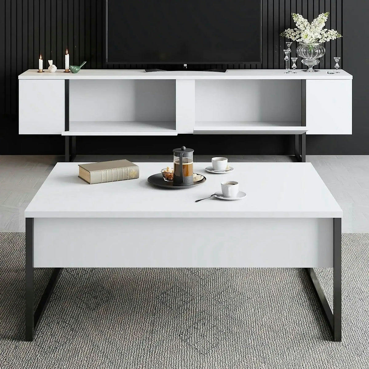 Comoda TV Luxe, alb/negru, PAL/metal, 180x30x50 cm