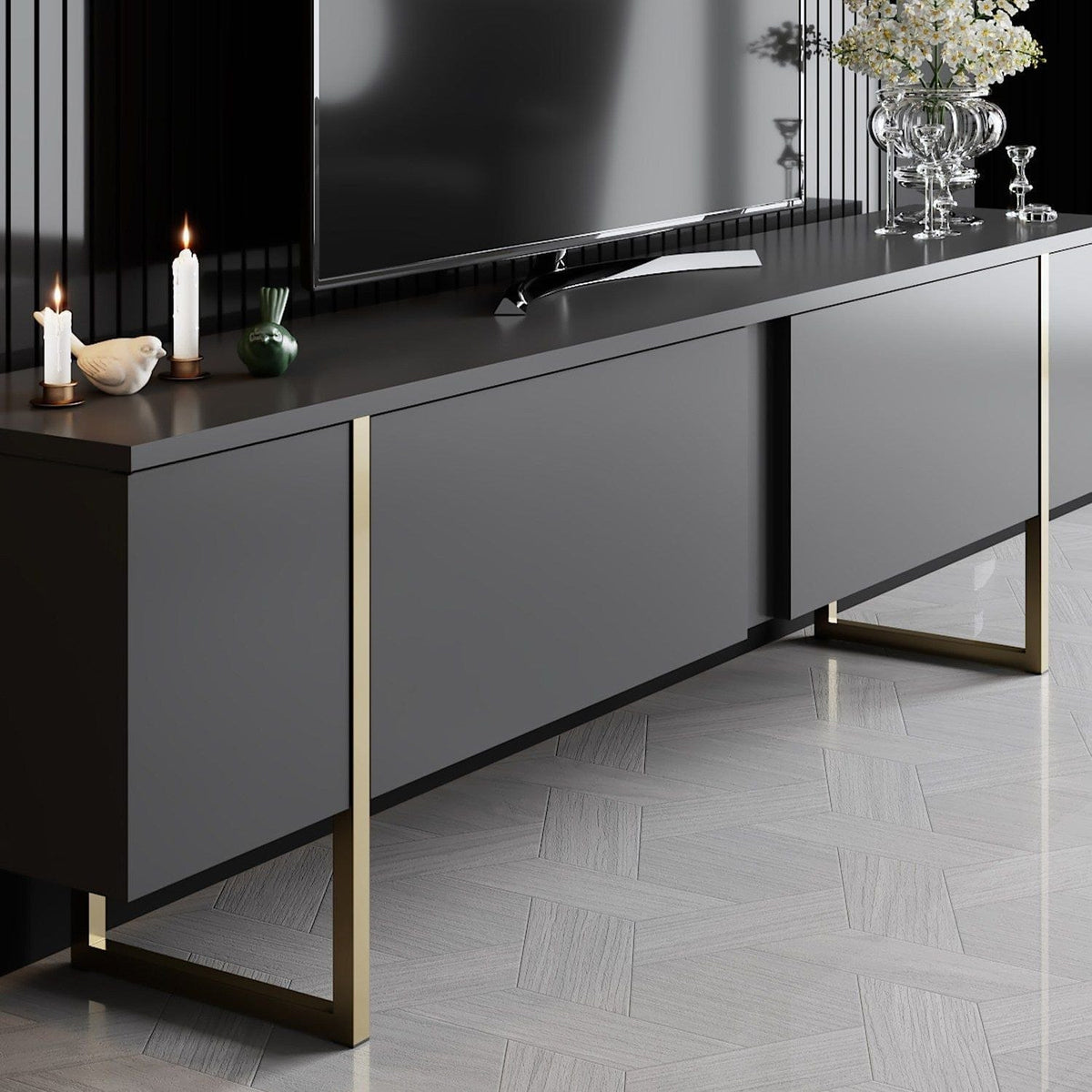 Comoda TV LUXE, gri antracit/auriu, PAL/metal, 180x50x30 cm