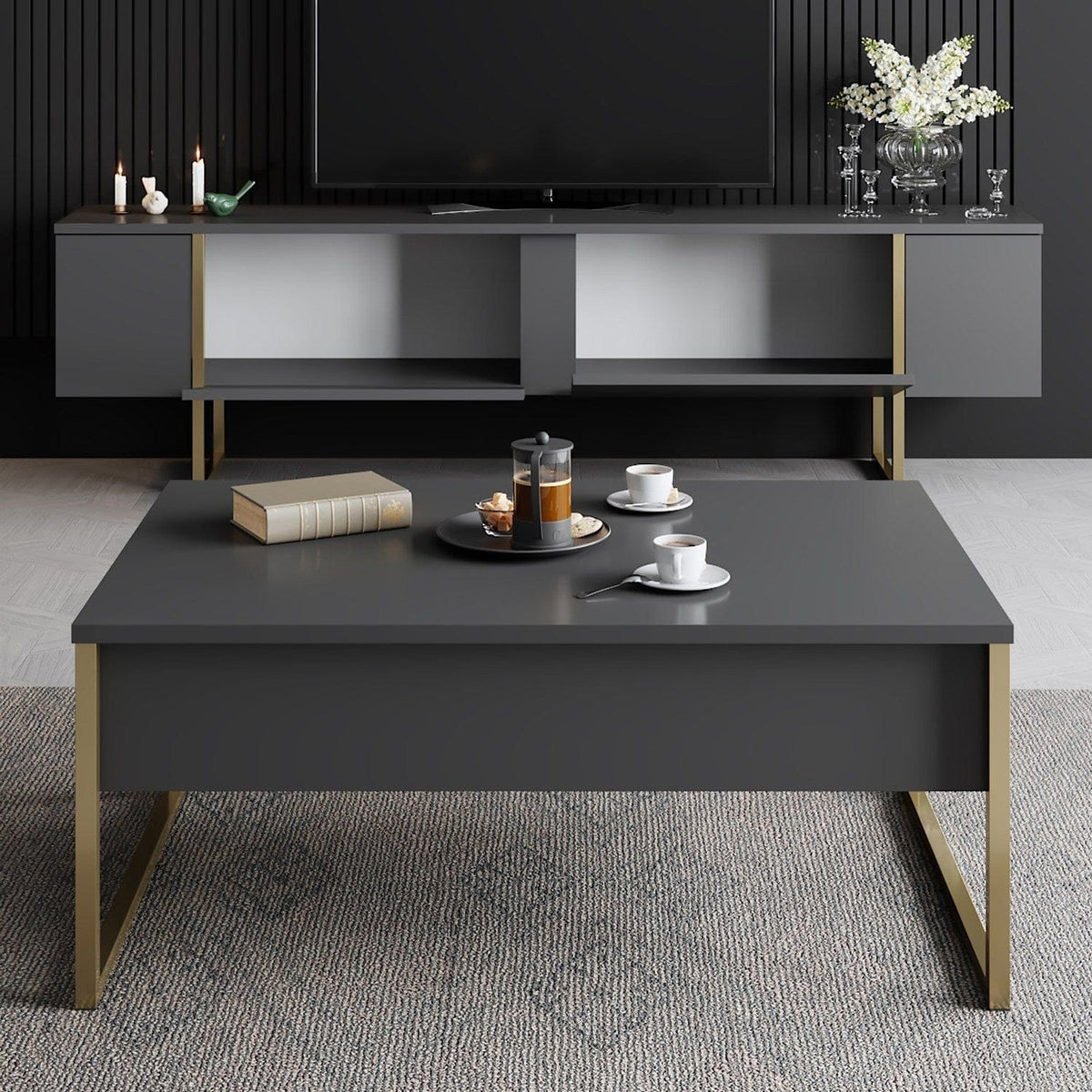 Comoda TV LUXE, gri antracit/auriu, PAL/metal, 180x50x30 cm