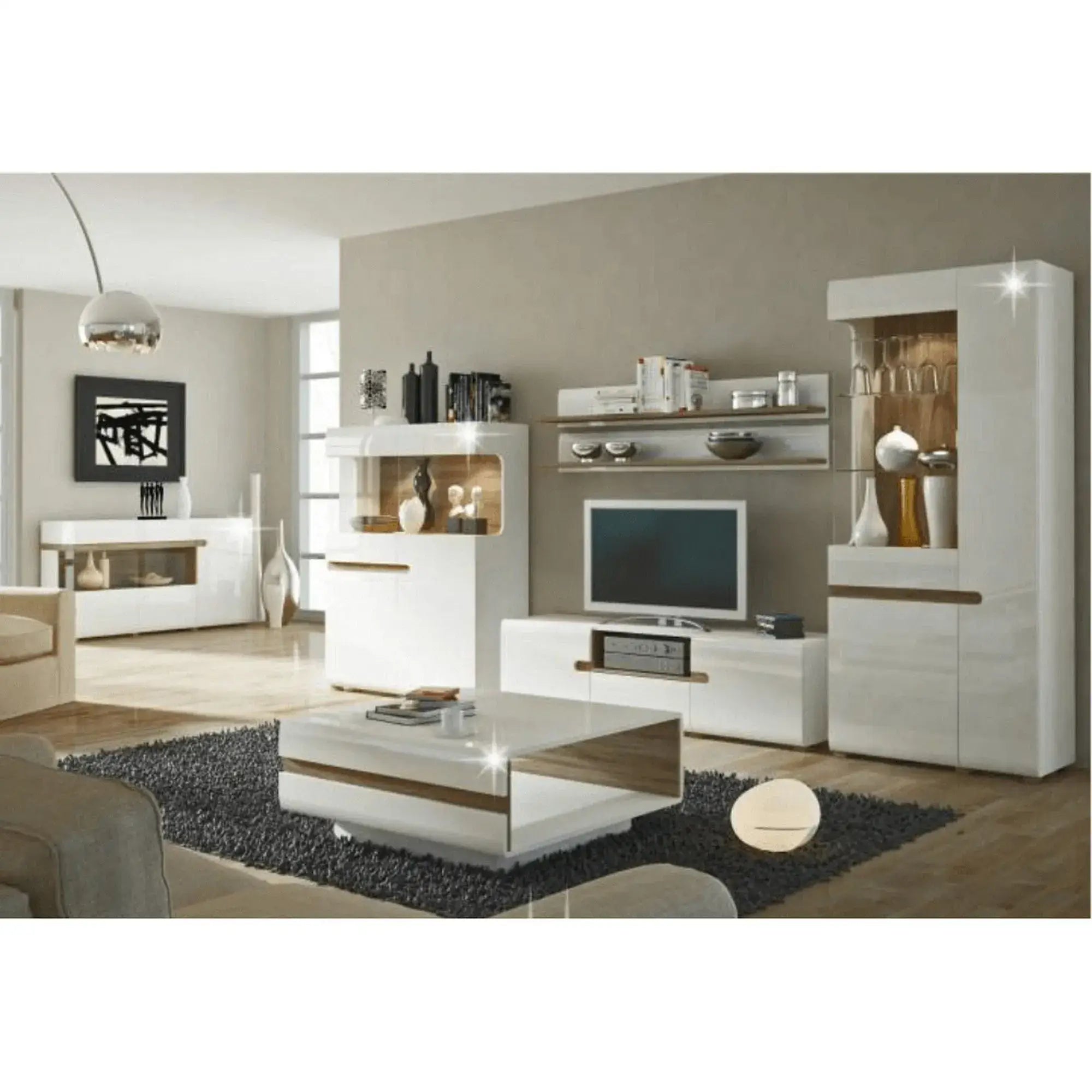 Comoda TV LYNATET TYP 50, alb lucios HG/stejar sonoma truflu, PAL, 164x42x46 cm