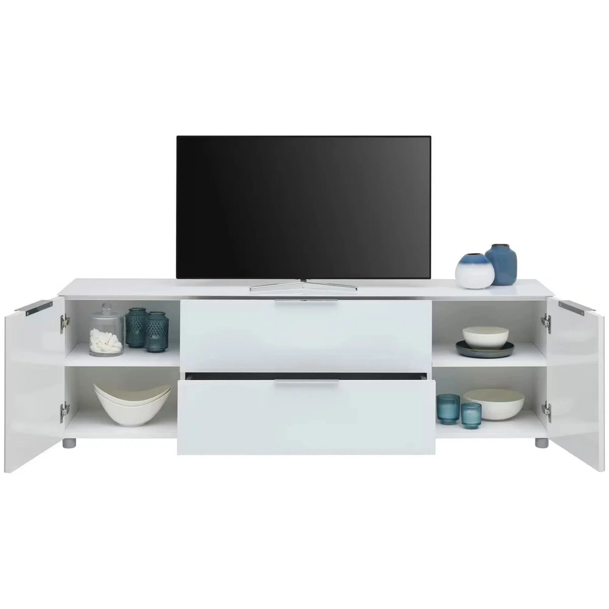 Comoda TV MALIN, alb/alb lucios, PAL/sticla, 180x40x54 cm