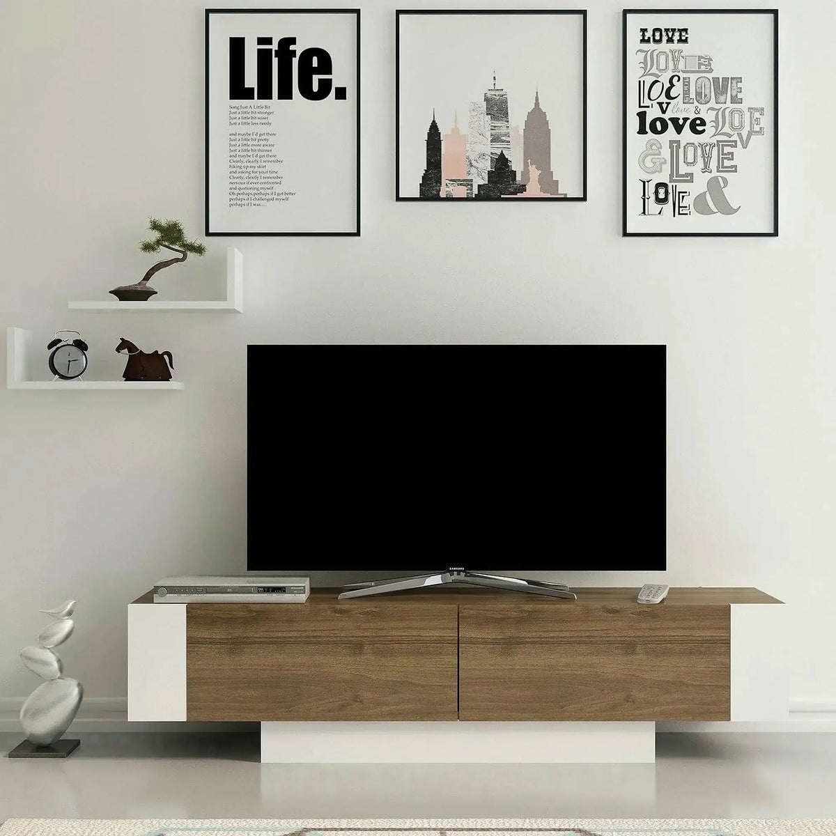 Comoda TV Matera, stejar inchis/alb, PAL melaminat, 150x32x42 cm