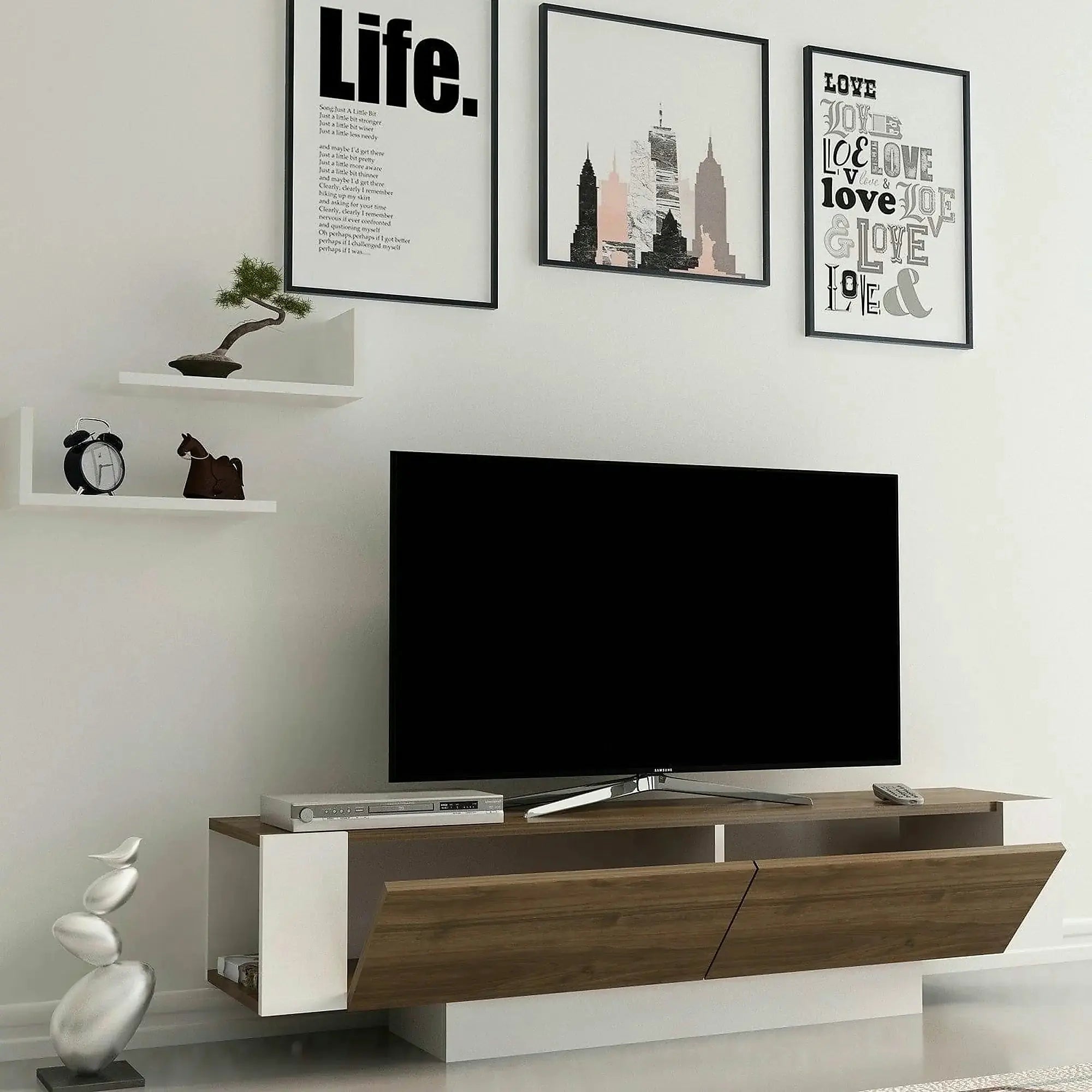Comoda TV Matera, stejar inchis/alb, PAL melaminat, 150x32x42 cm