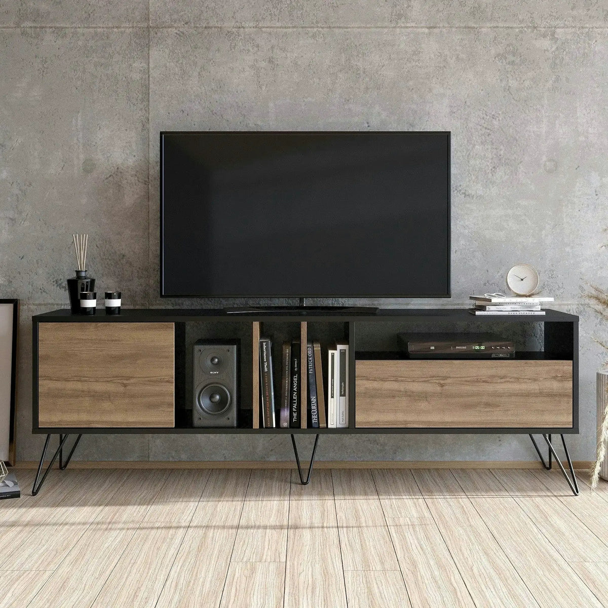 Comoda TV Mistico, alun/negru, PAL melaminat/metal, 180x36x59 cm
