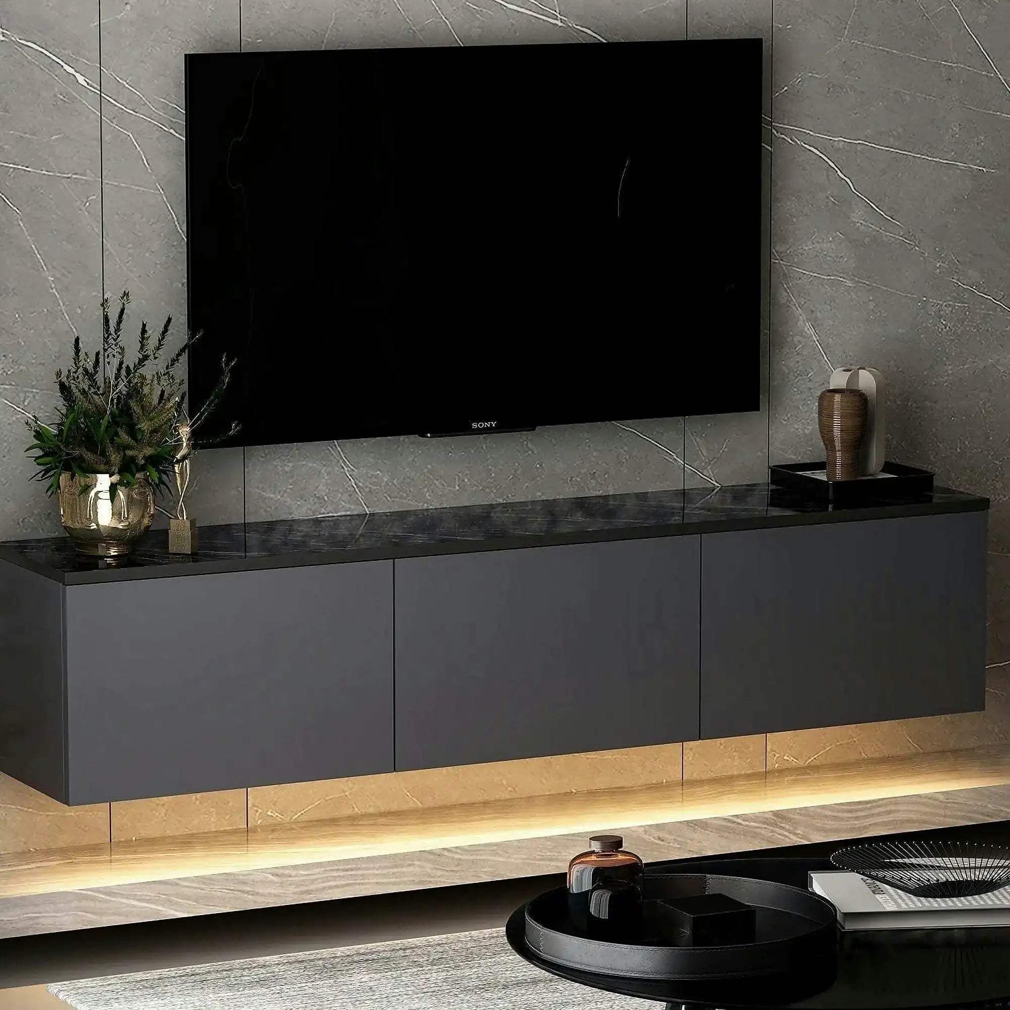 Comoda TV NEON ILLUMINATED, gri antracit, PAL melaminat, 160x32x35 cm