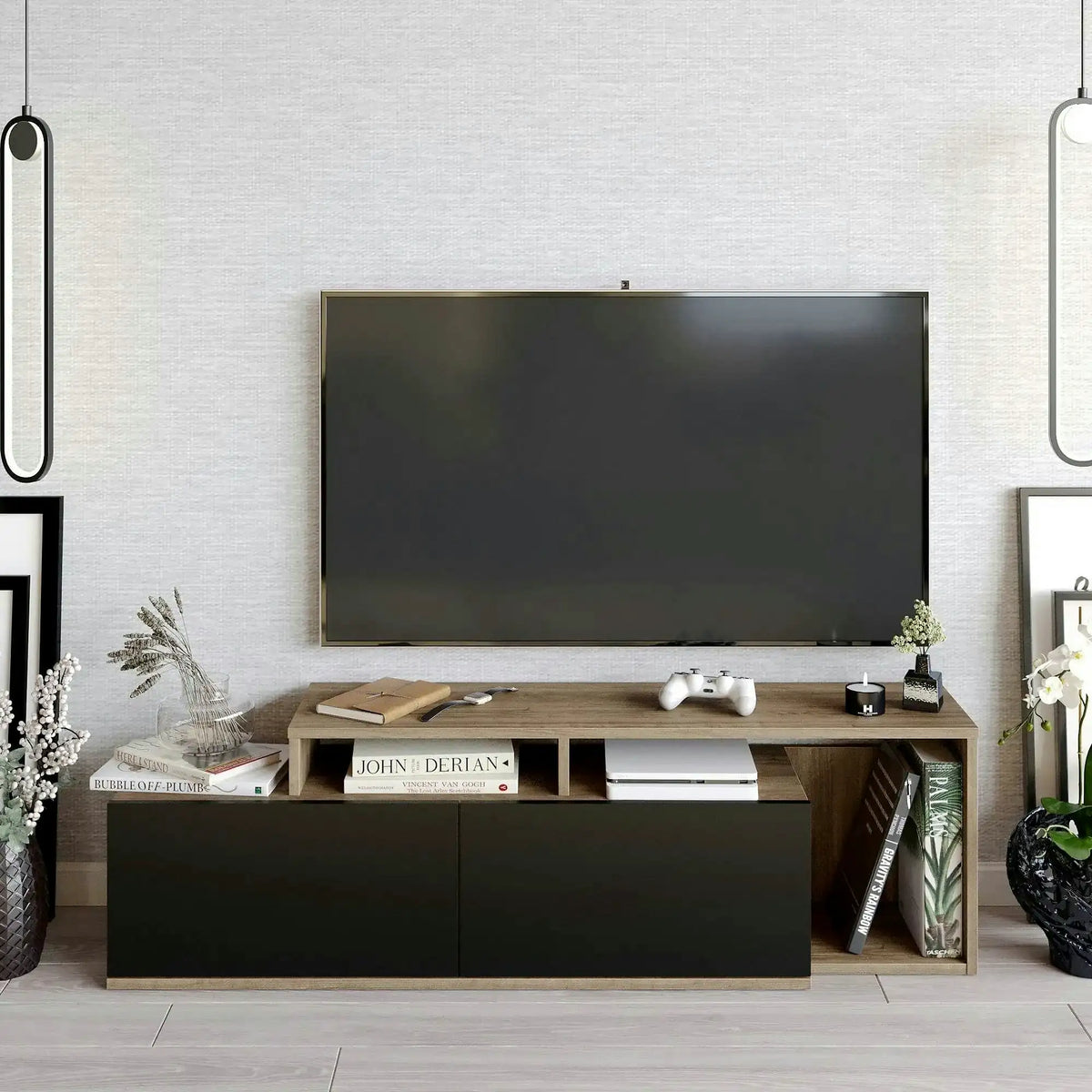 Comoda TV Nexera, negru/nuc, PAL melaminat, 150x35x43 cm