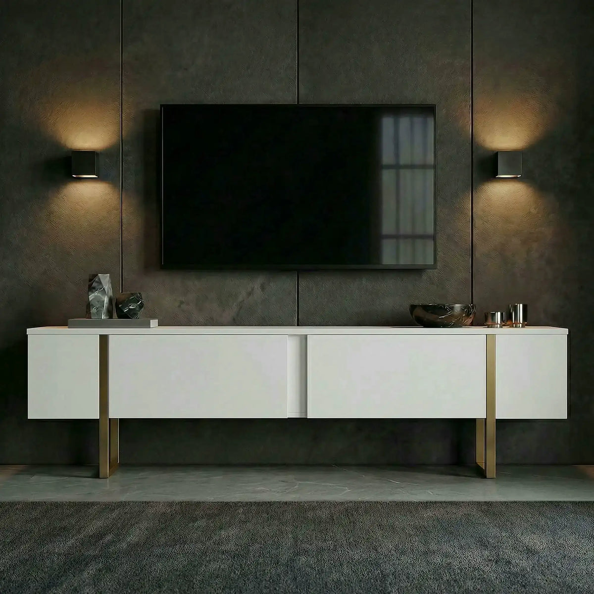 Comodă TV ONERA, alb/auriu, PAL melaminat, 180x30x50 cm