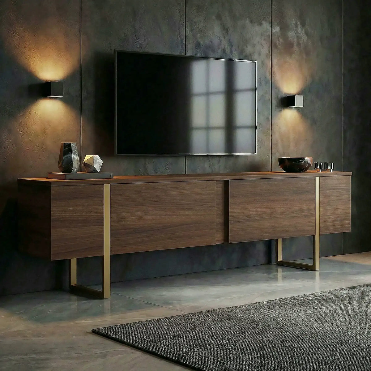 Comodă TV ONERA, nuc/auriu, PAL melaminat, 180x30x50 cm