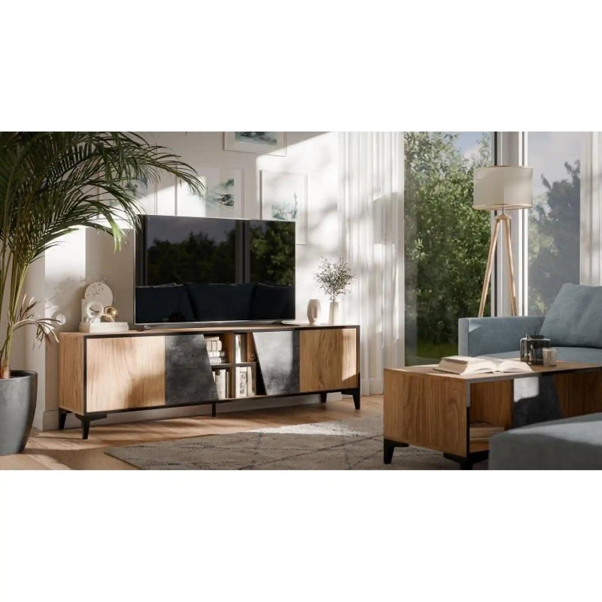 Comoda TV OVO, stejar/gri beton, PAL laminat, 180x38x53 cm