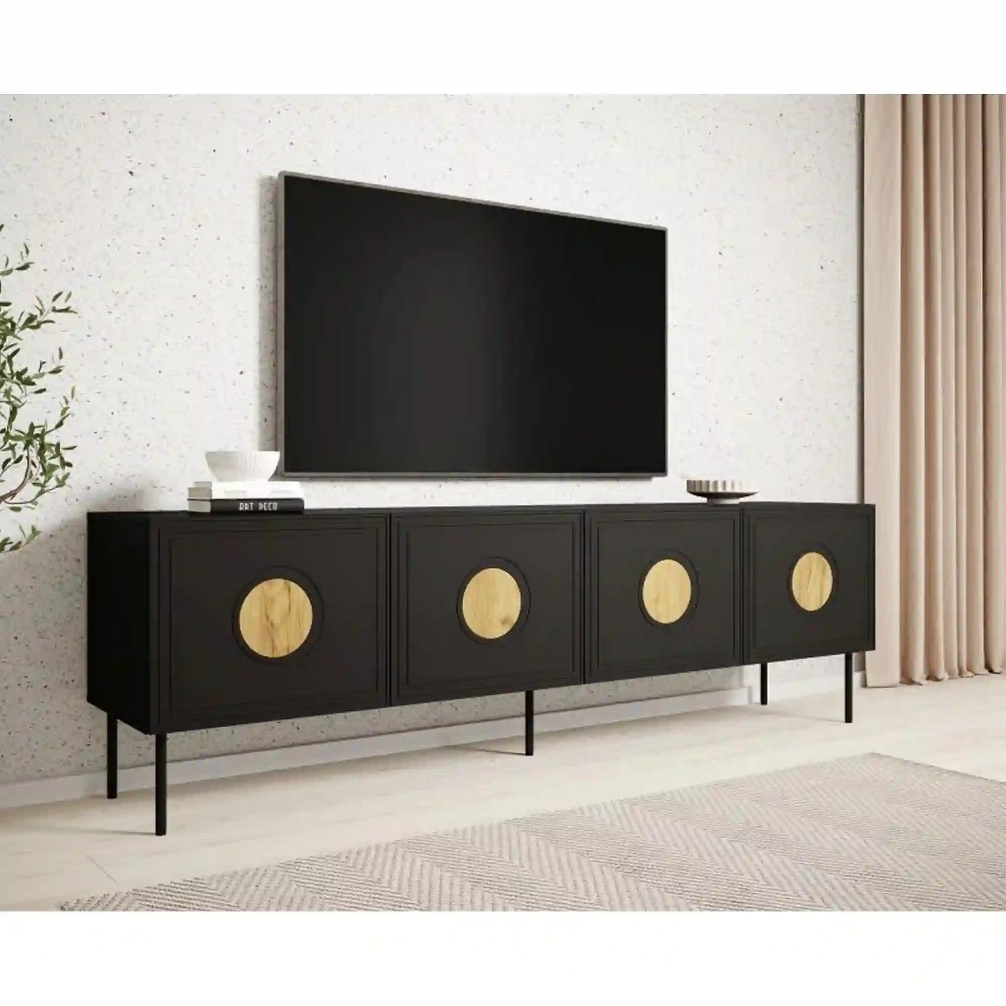 Comoda TV PALAZZO, negru, PAL laminat/metal, 200x42x60 cm