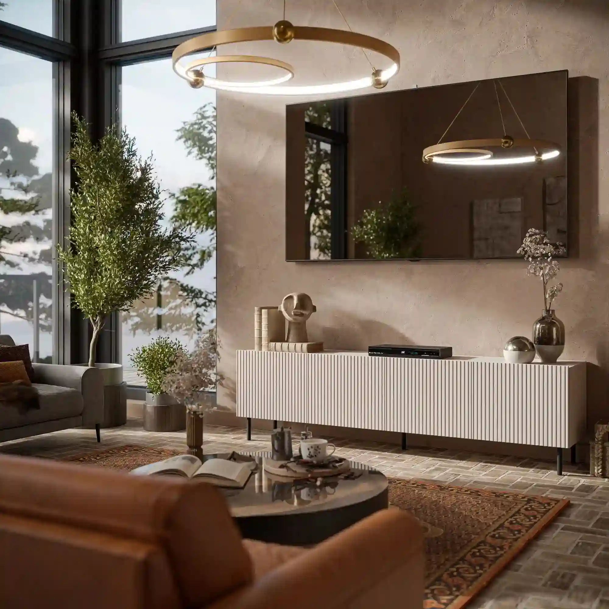 Comoda TV PAXOS RTV-2, casmir/negru, PAL laminat/otel, 200x40x54 cm