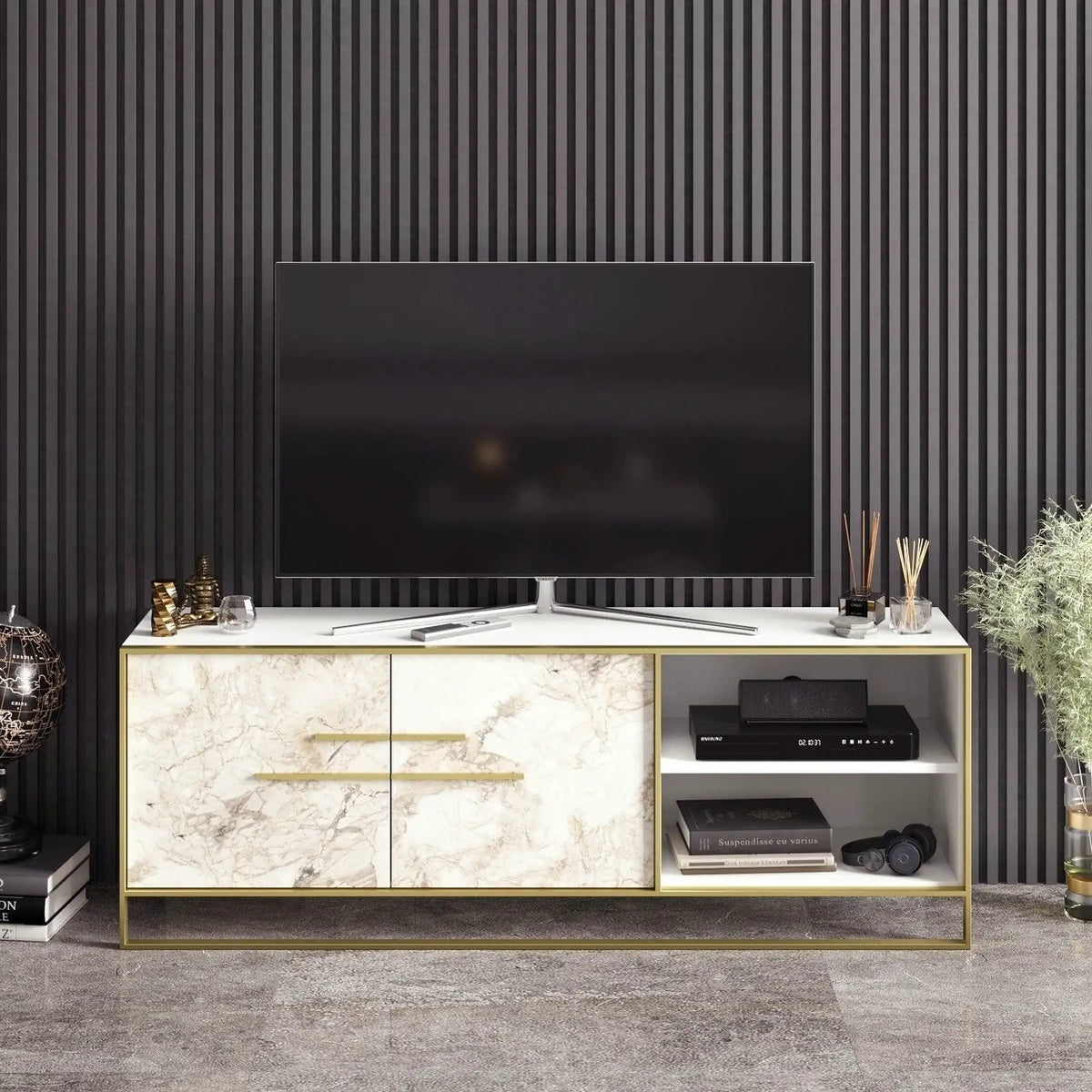 Comoda TV POLKA, alb/auriu, PAL melaminat/metal, 160x39x57 cm