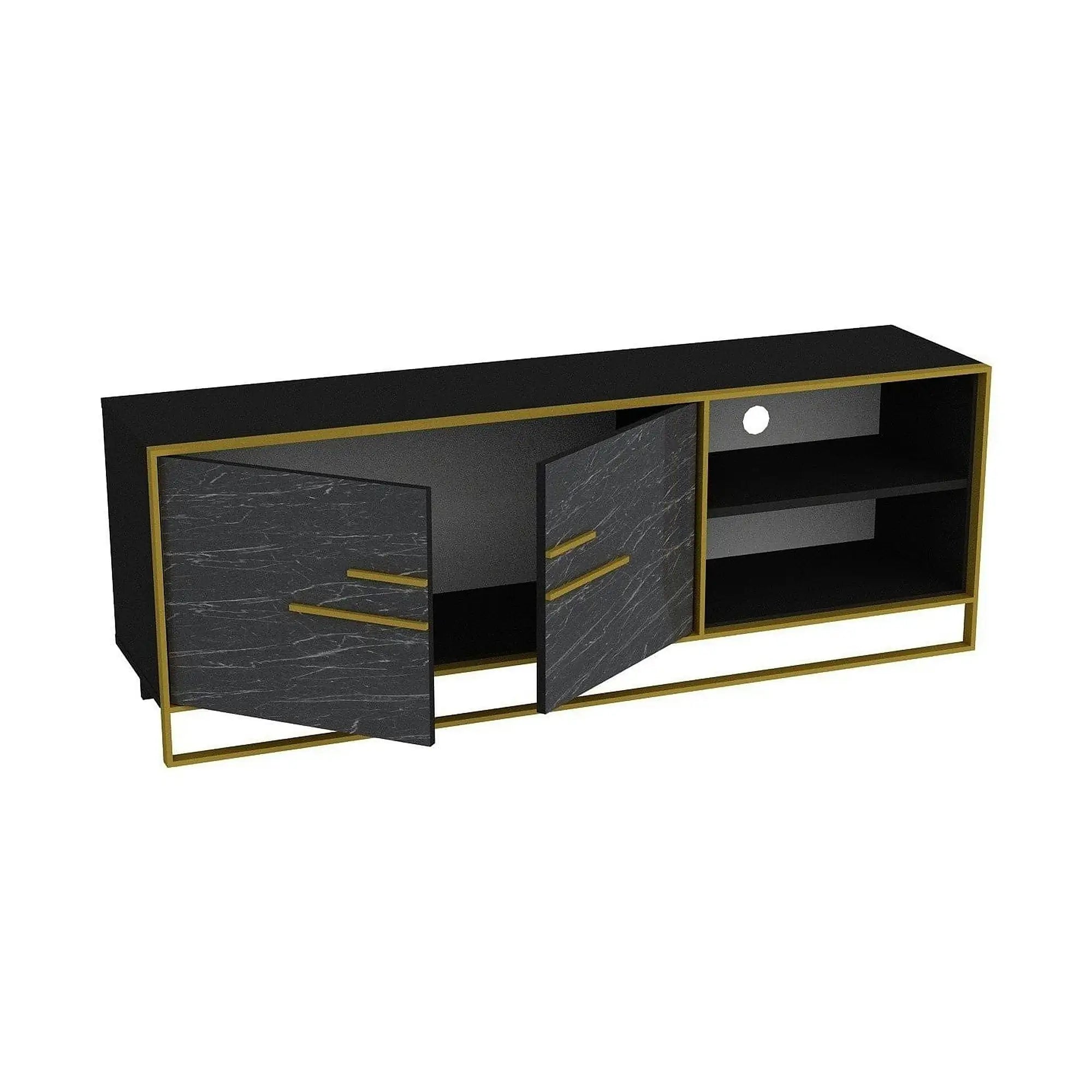 Comoda TV POLKA, negru cu efect de marmura/auriu, PAL melaminat, 160x39x57 cm