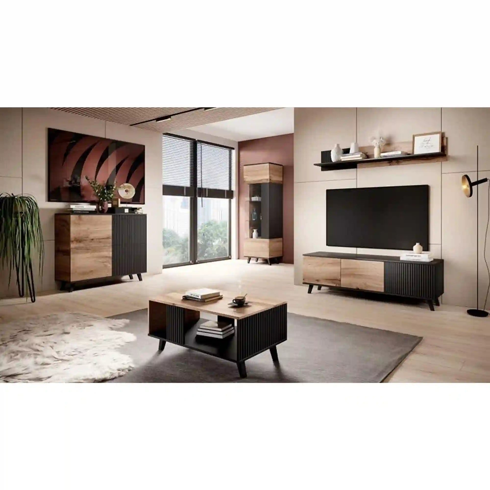 Comoda TV RANDOM , stejar wotan/negru, PAL furniruit, 150x40x47 cm