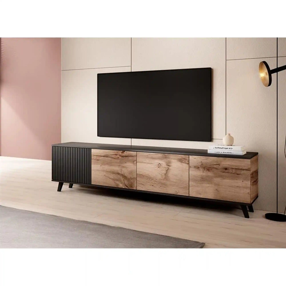 Comoda TV RANDOM, stejar wotan/negru, PAL furniruit, 200x40x52 cm