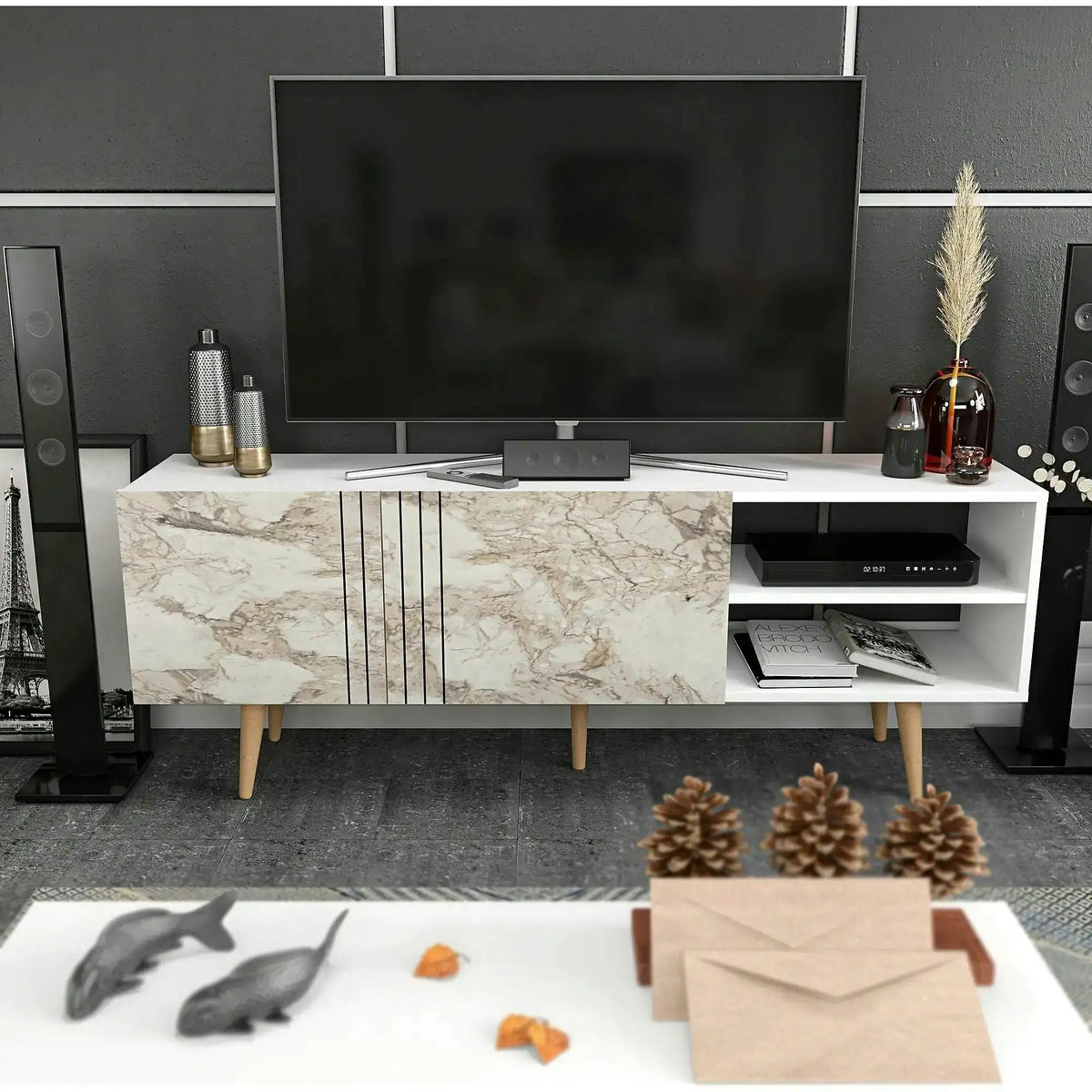 Comoda TV RONAS, alb cu efect de marmura, PAL melaminat, 160x35x39 cm