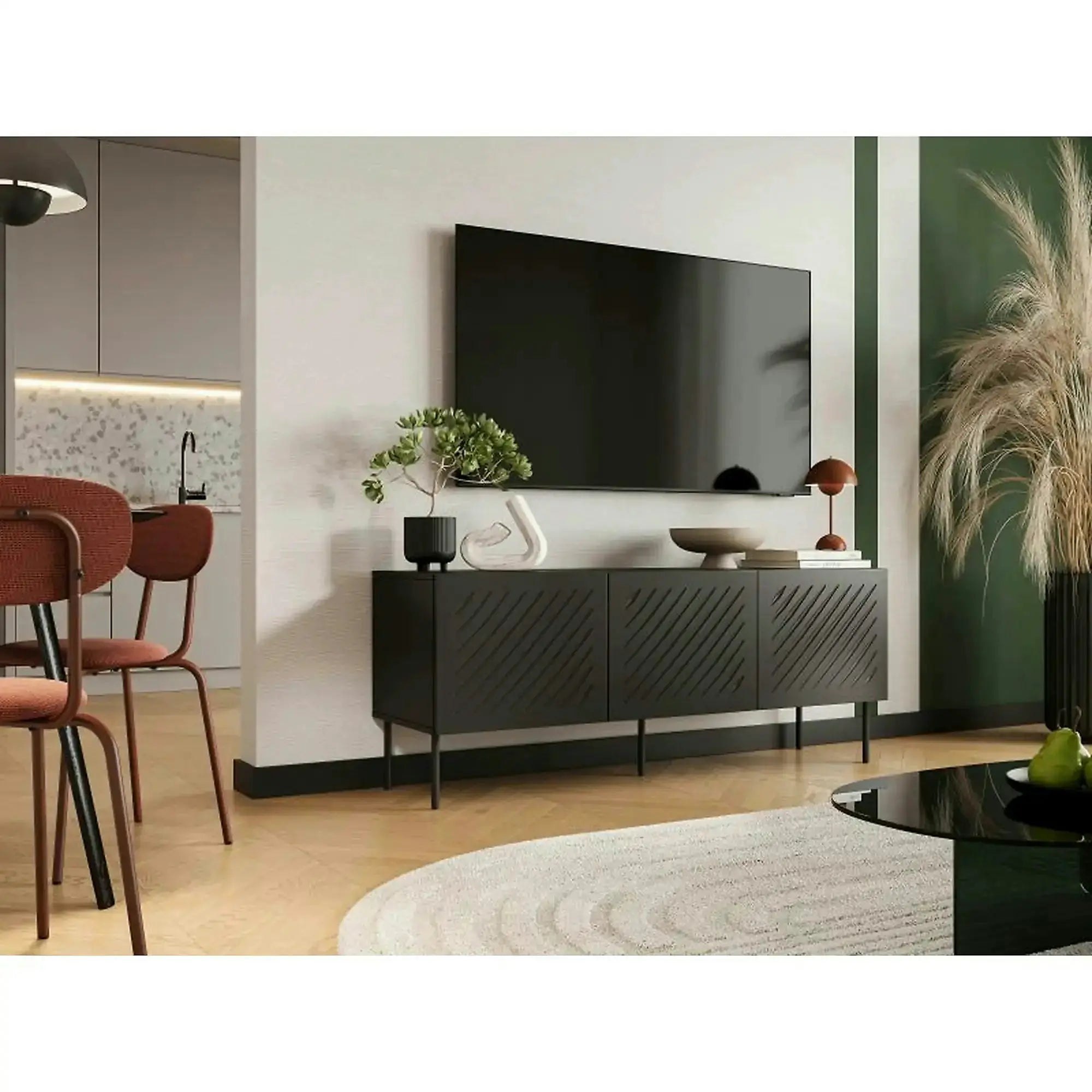Comoda TV SIENA, negru, PAL laminat/metal, 151x40x60 cm