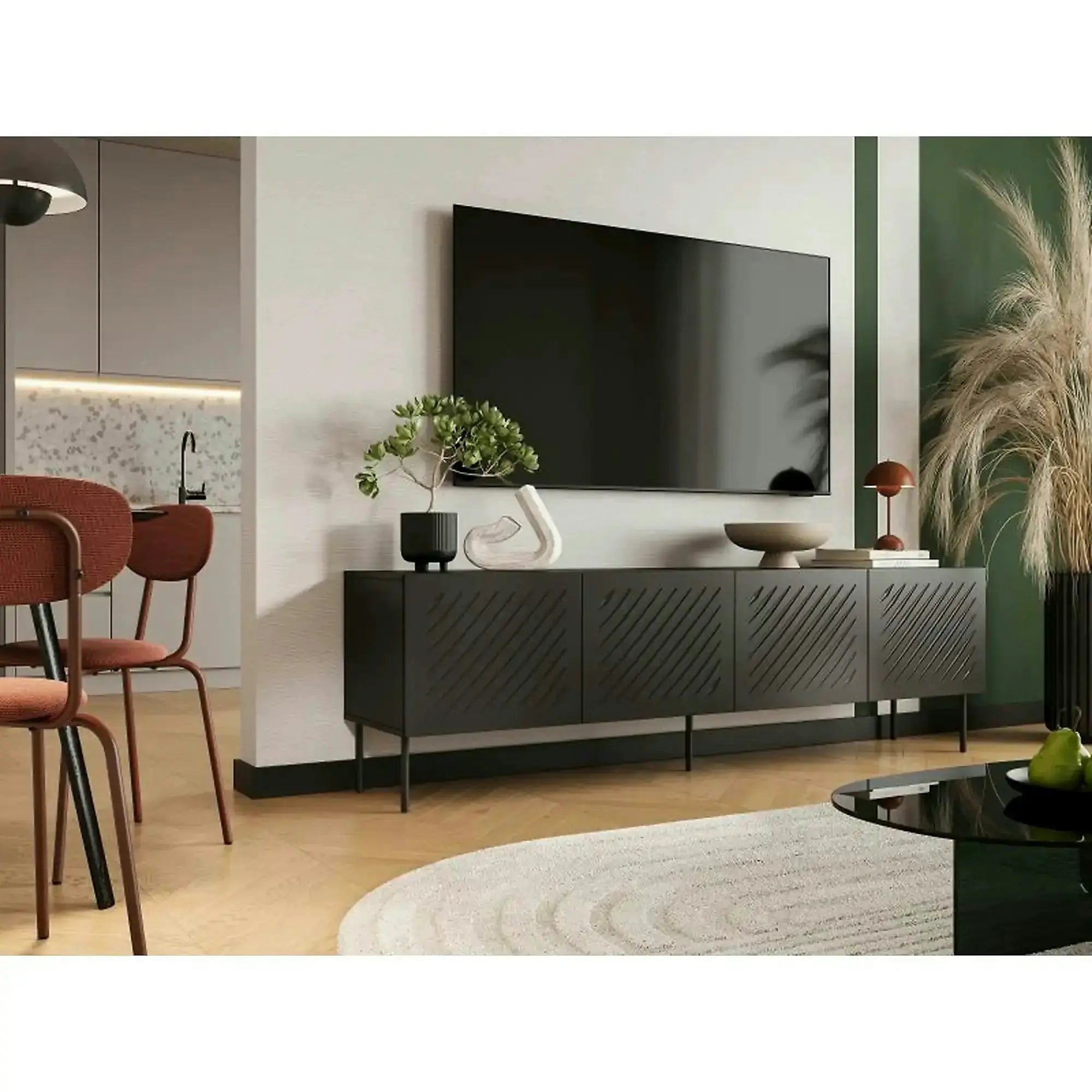 Comoda TV SIENA, negru, PAL laminat/metal, 201x40x60 cm