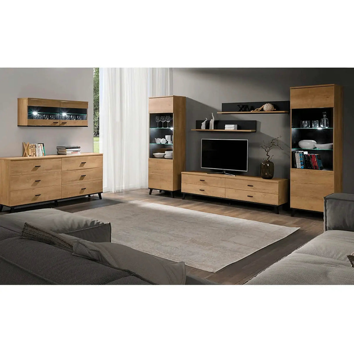 Comoda TV SIRAN TYP 6, stejar lefkas/negru, DTD laminat/plastic, 181x40x50 cm